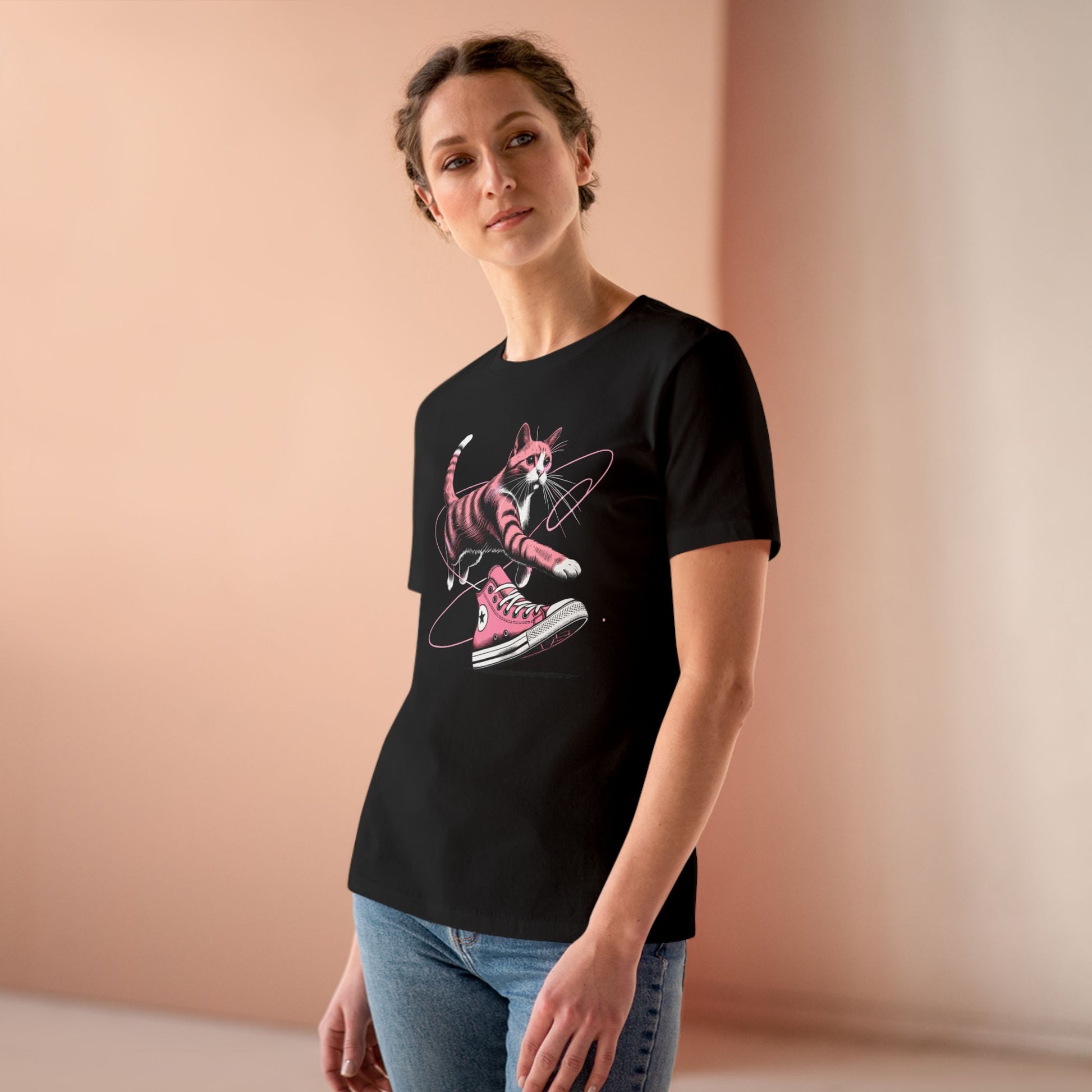 Woman wearing black Catverse Apex Kick cat t shirt, funny women t shirts, womens cat tee