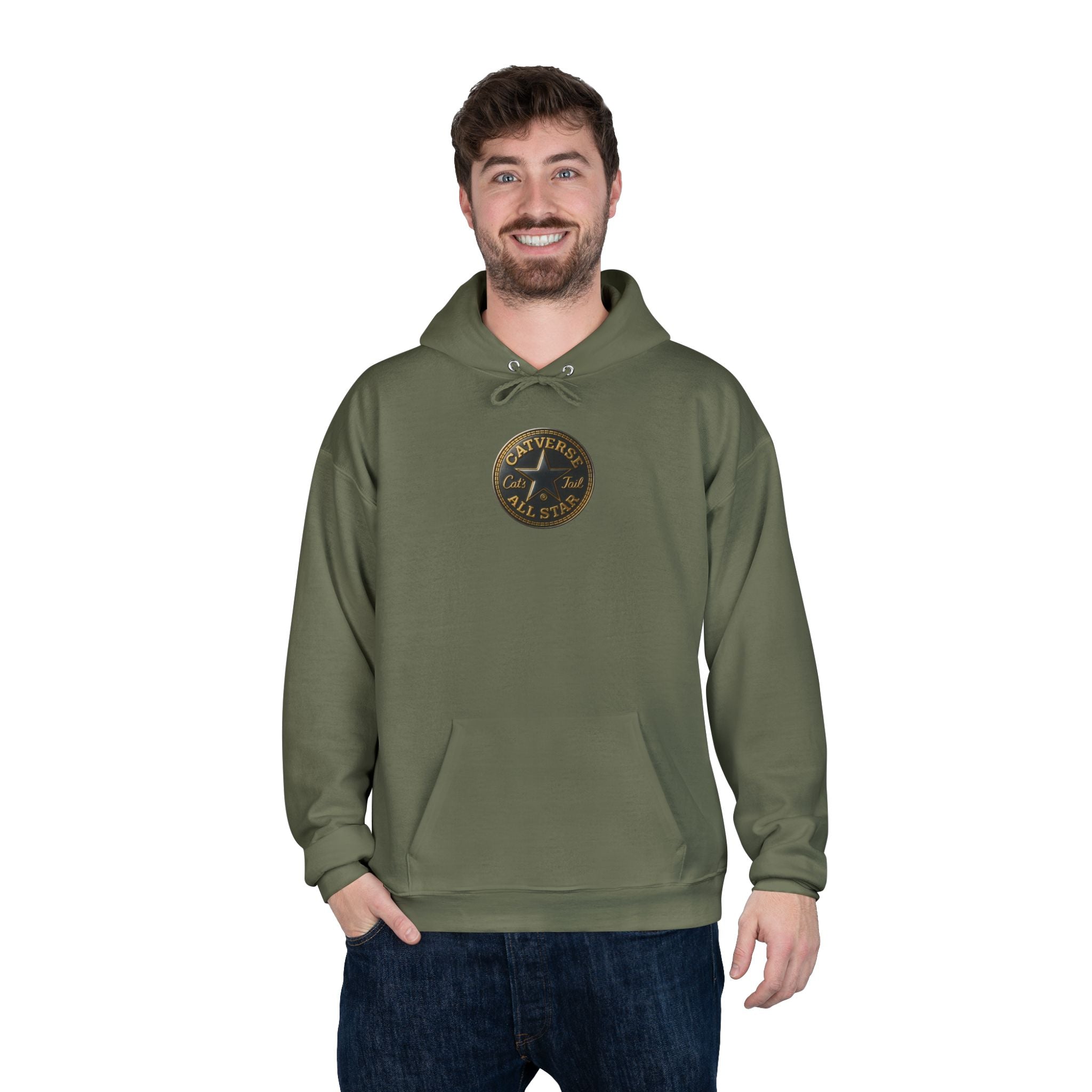 Man modeling Catverse fatigue green hoodie with chest logo, unusual gifts for cat lovers