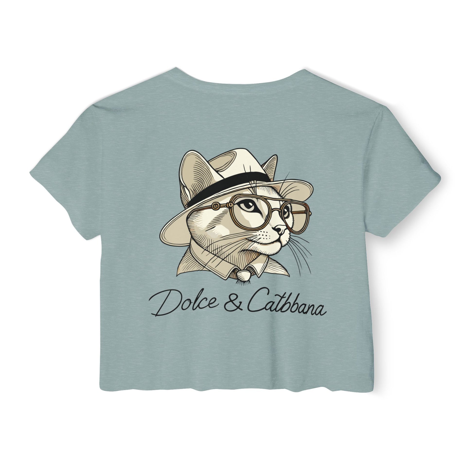 Stonewash green women’s graphic crop top with fedora cat back print