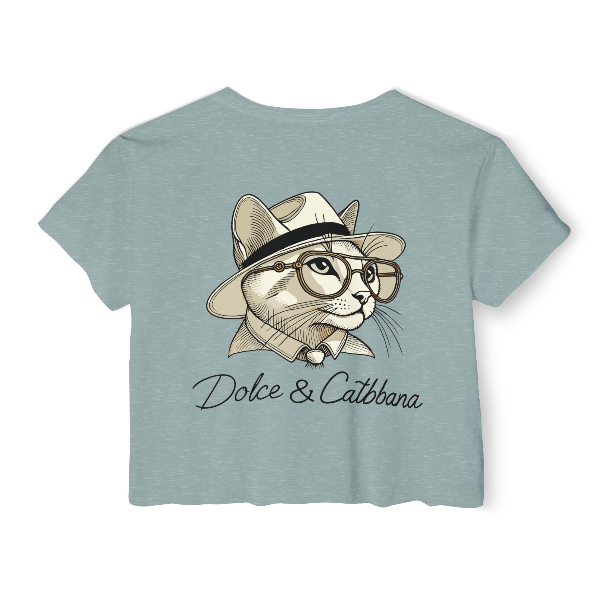 Stonewash green women’s graphic crop top with fedora cat back print