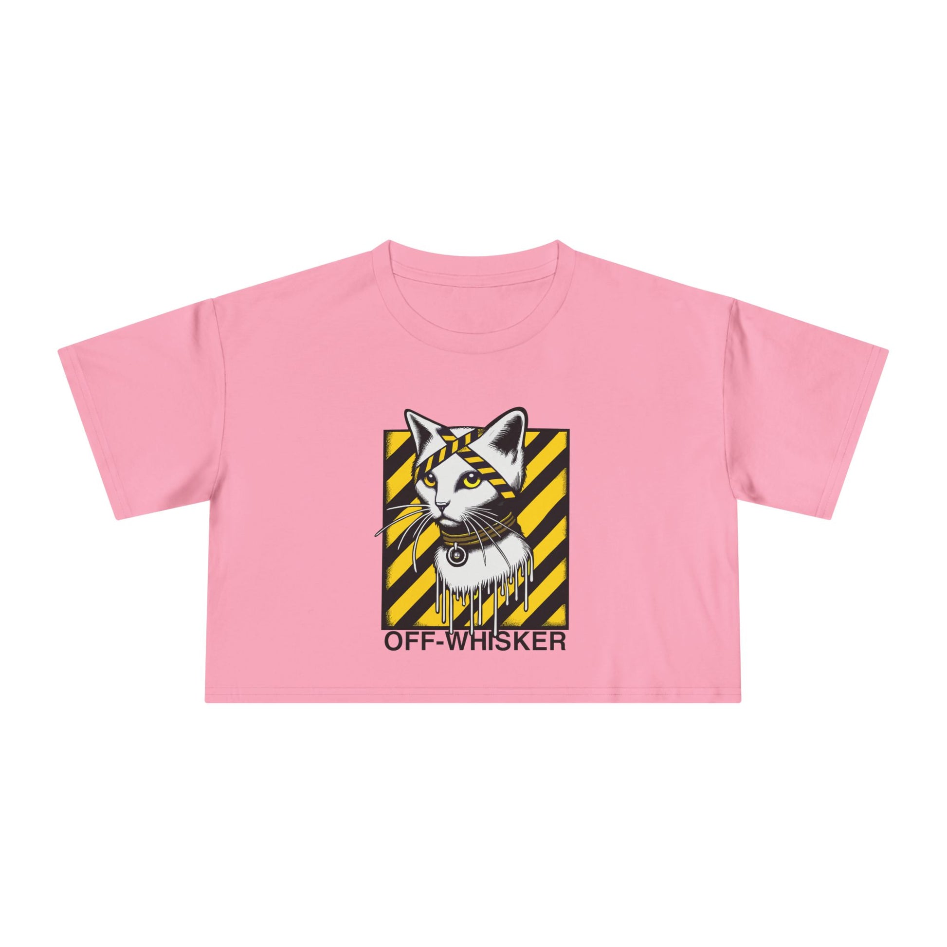 Off-Whisker Industrial Drip Cat Graphic Women's Crop T-Shirt, bubblegum pink crop top front view