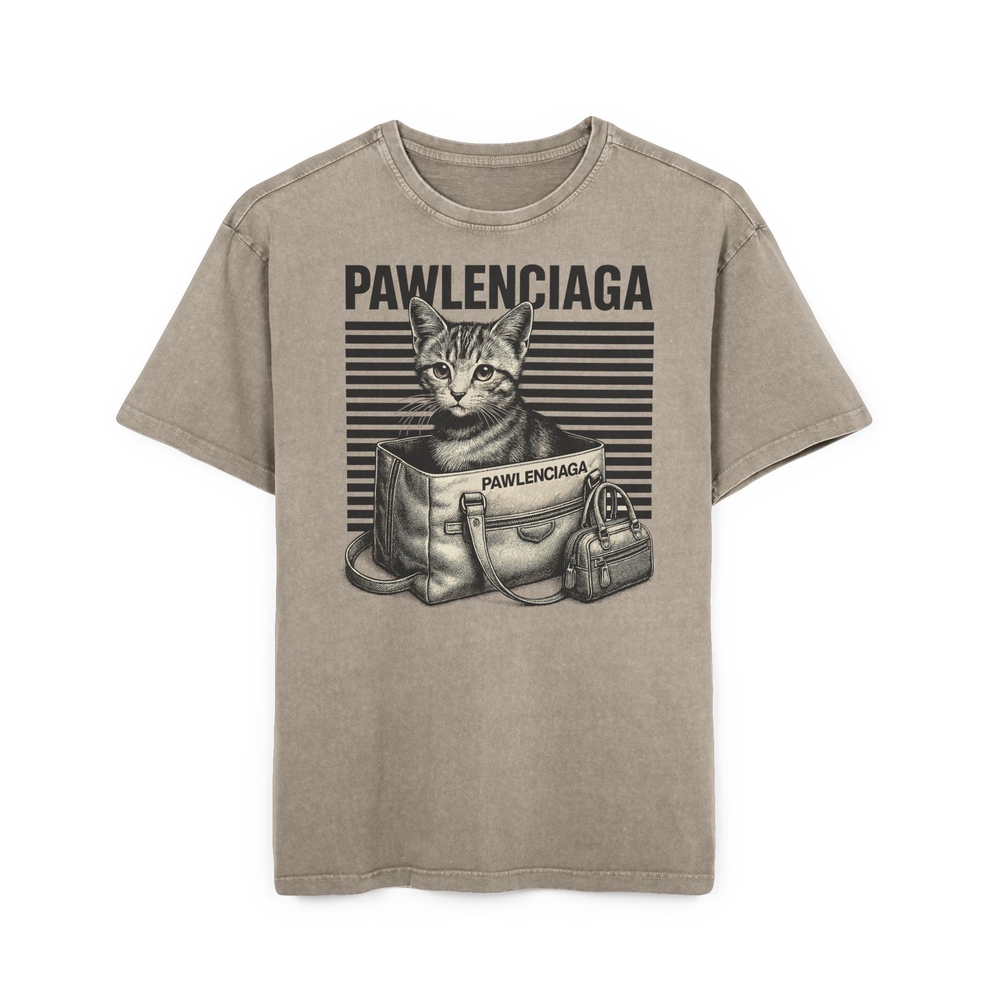 Pawlenciaga Duffle Bag Cat Graphic Acid Washed Oversized T-Shirt, mens cat shirts, front view