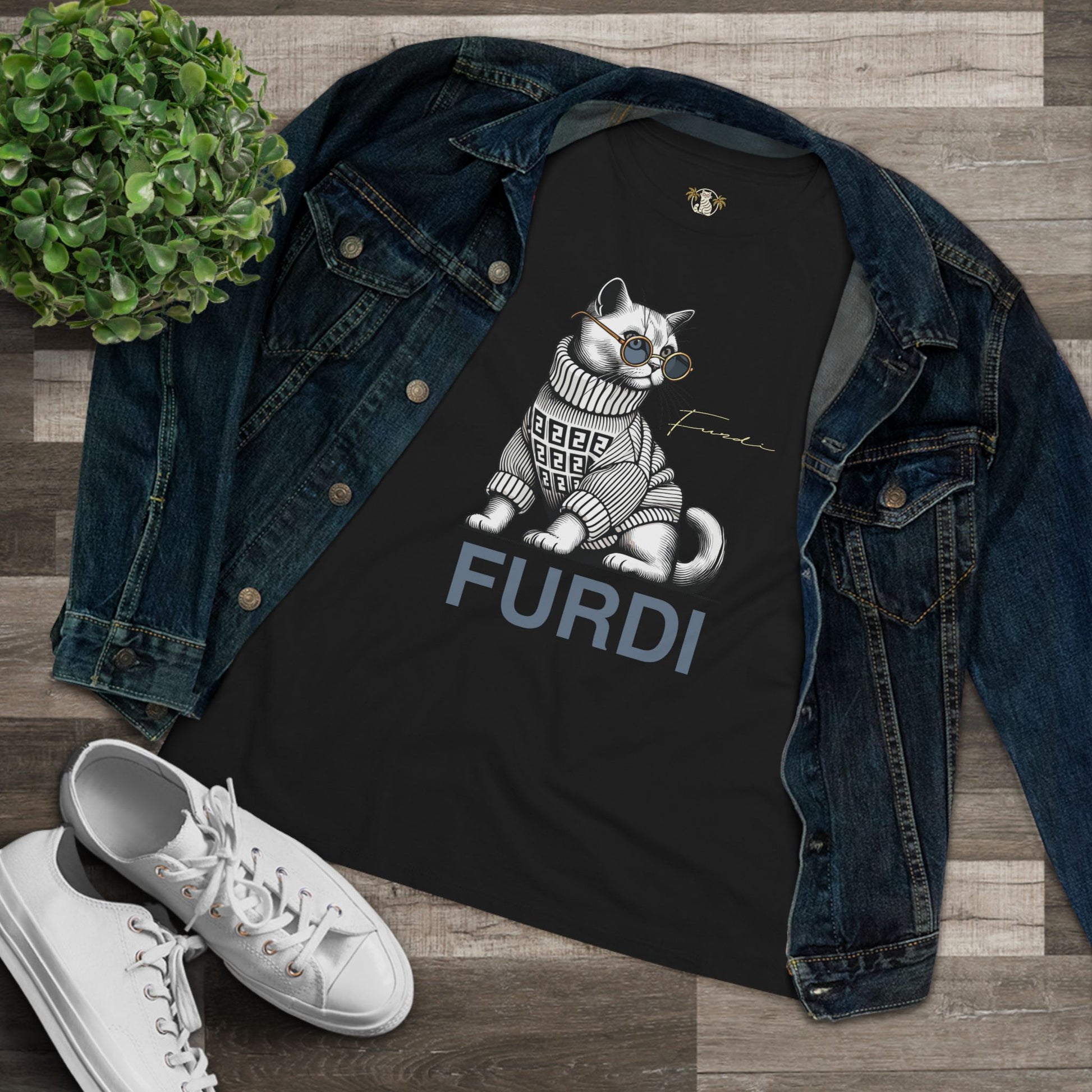 Furdi black cat t shirt with outfit flat lay shoes and jacket