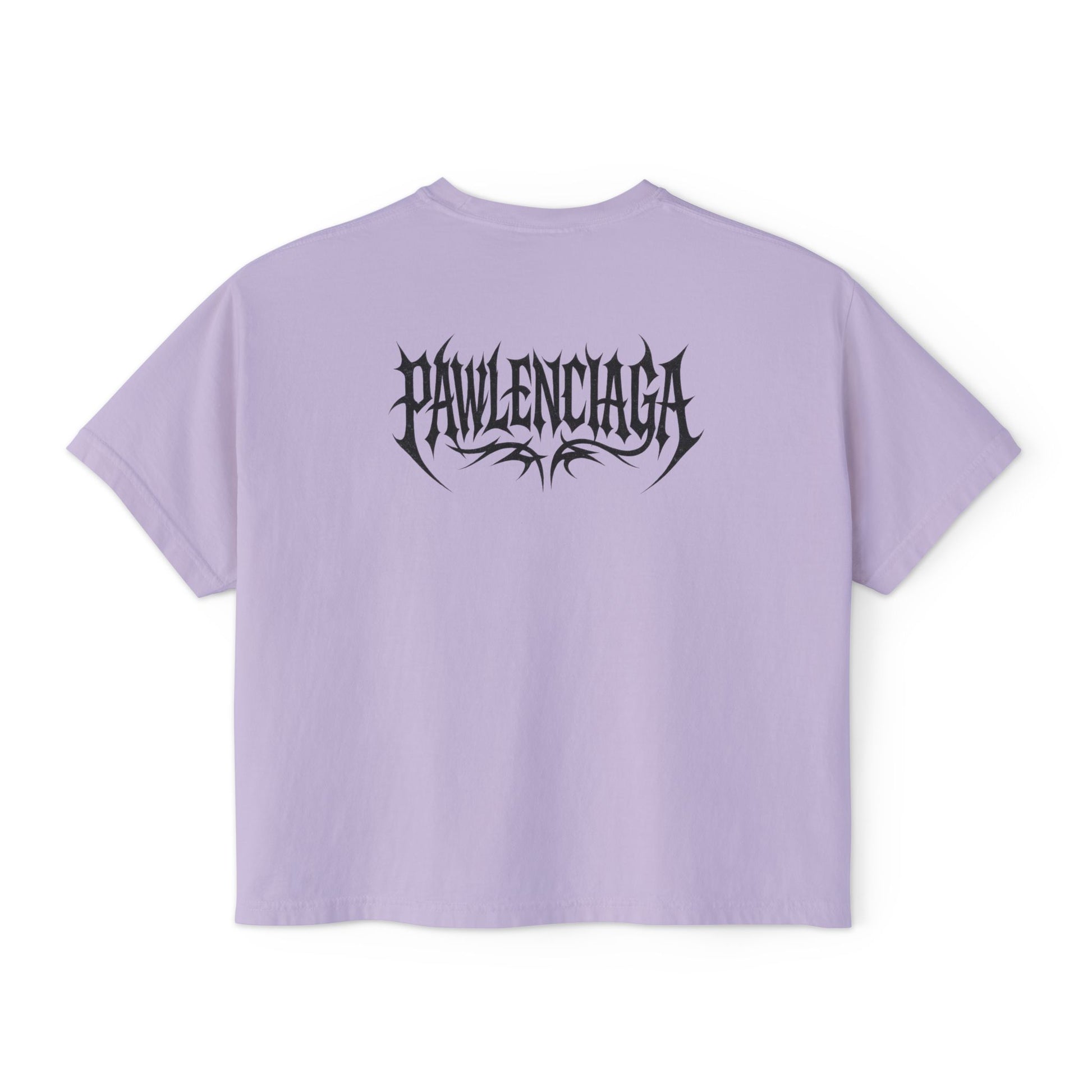 Pawlenciaga womens orchid pink boxy cat t shirt, back view graphic logo