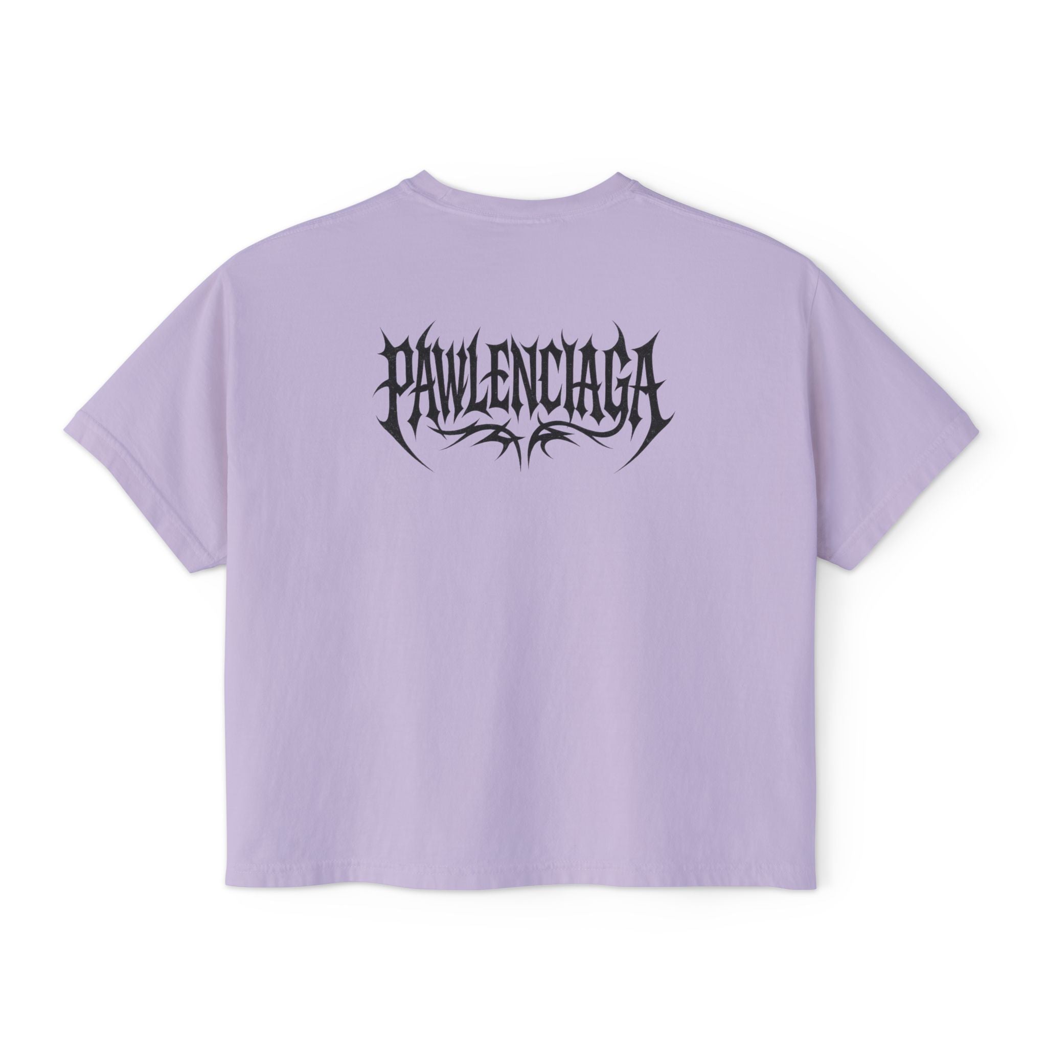 Pawlenciaga womens orchid pink boxy cat t shirt, back view graphic logo