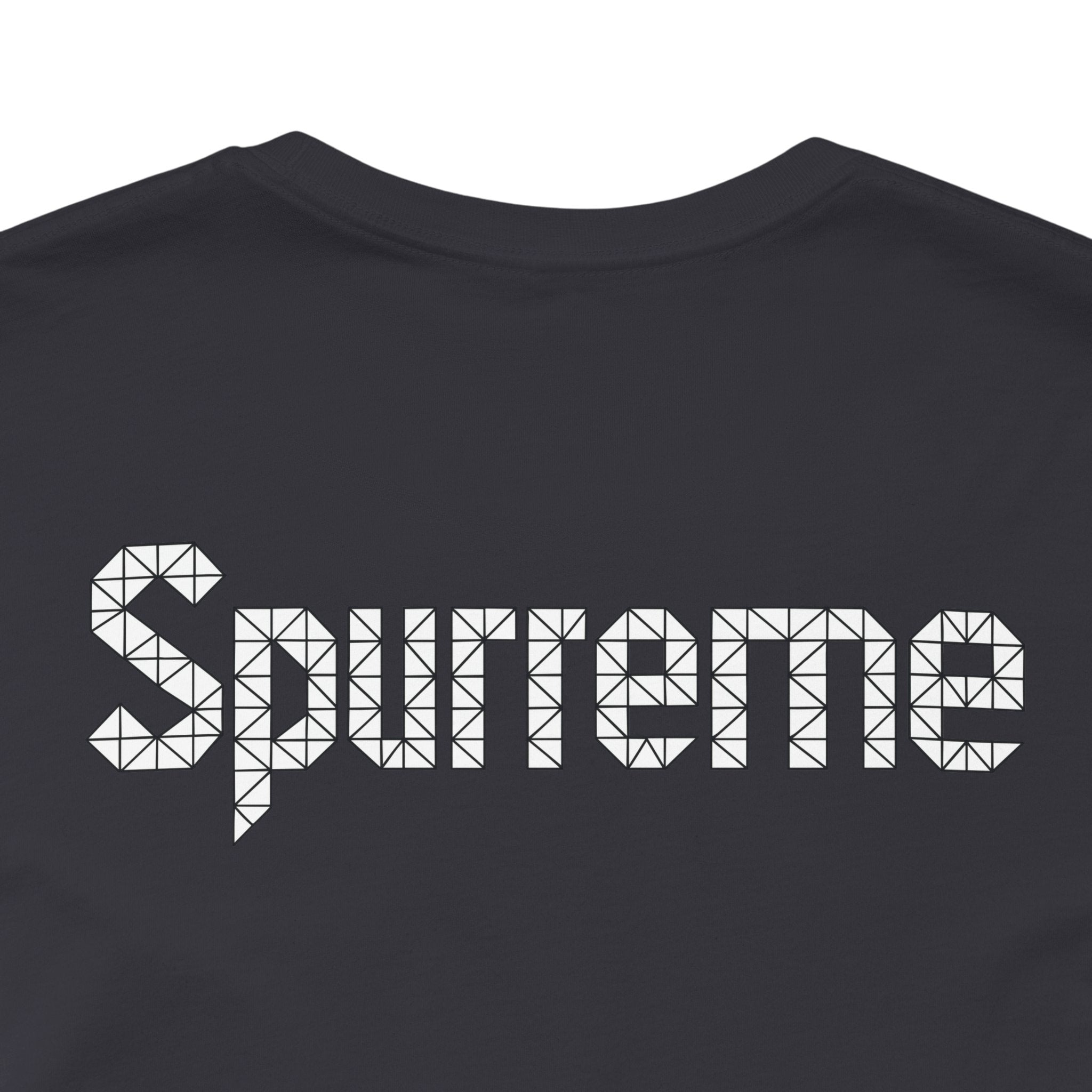Spurreme Triangular Vision Cat Graphic T Shirt in Dark Grey closeup back detail, cat shirts for women