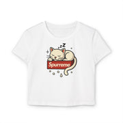 Spurreme Box Logo Dreaming Cat Graphic Women's Baby Tee, graphic crop top, white short sleeve