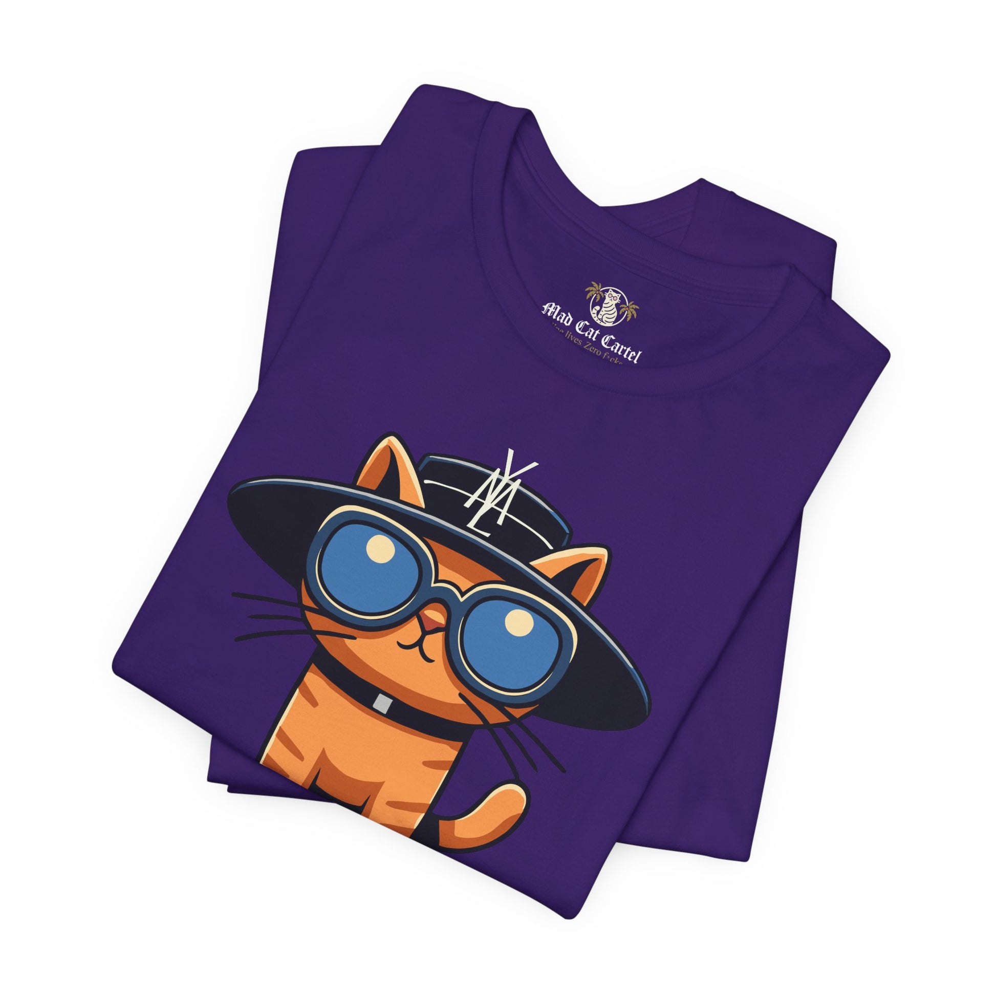Team Purple cat graphic tee folded flat lay