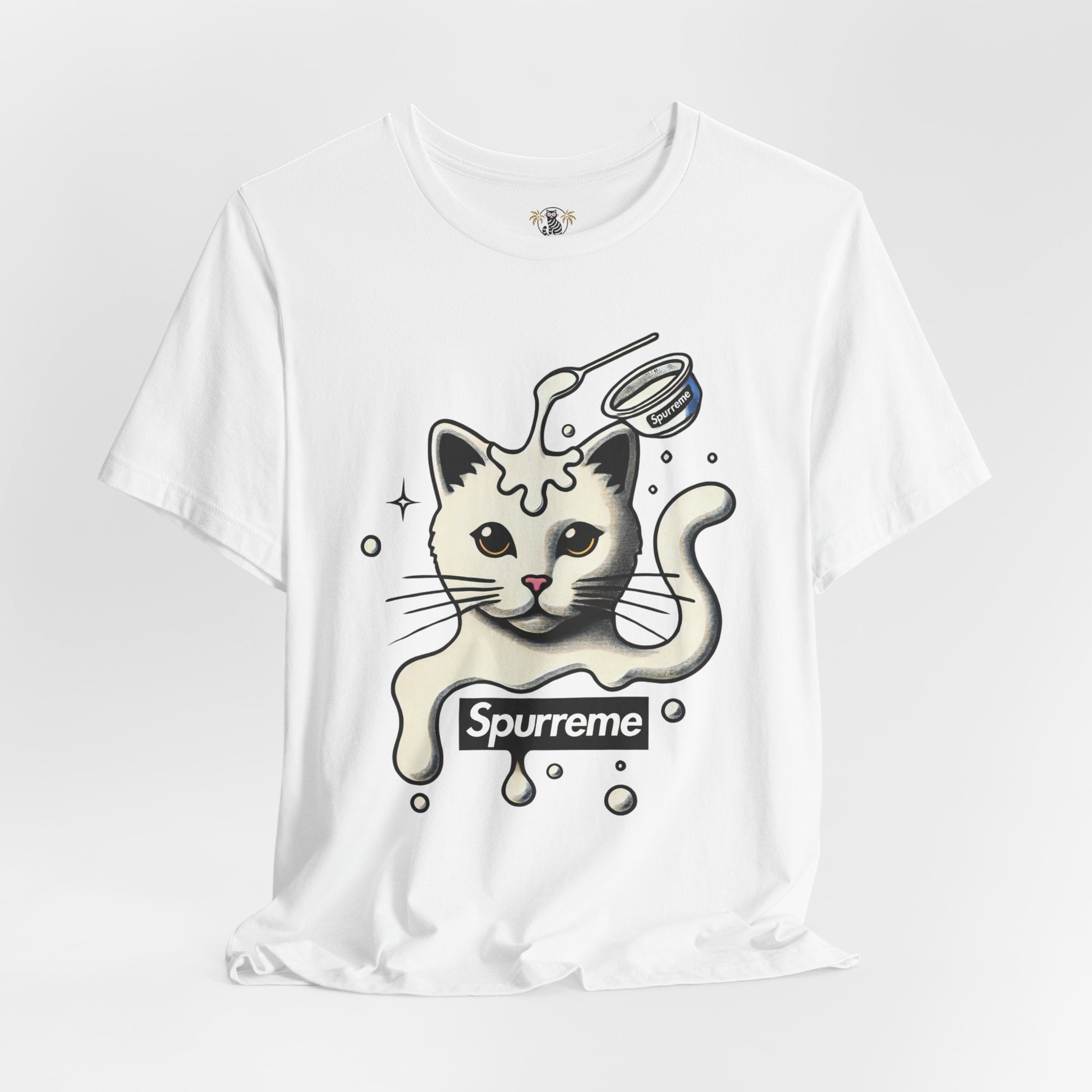 White Spurreme Milky Mischief Cat Graphic t shirt front view – cat themed apparel