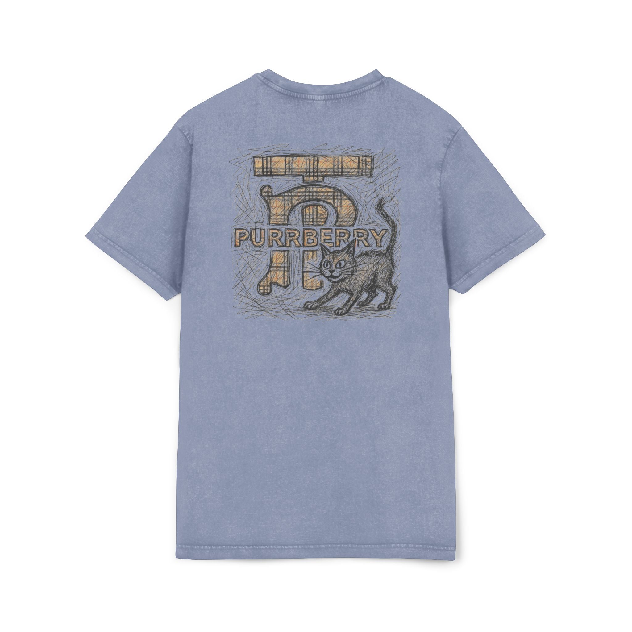 Back view of Purrberry Heritage Sketch Logo Vintage Blue Acid Washed Cat Graphic T Shirt, cool cat shirt unisex