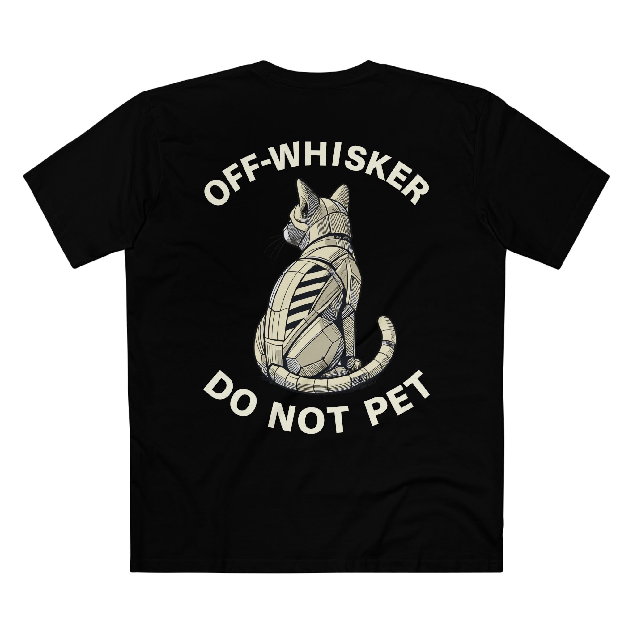 Black Off-Whisker Gen-01 Mech Cat tee, back view – cool gifts for cat lovers, unisex