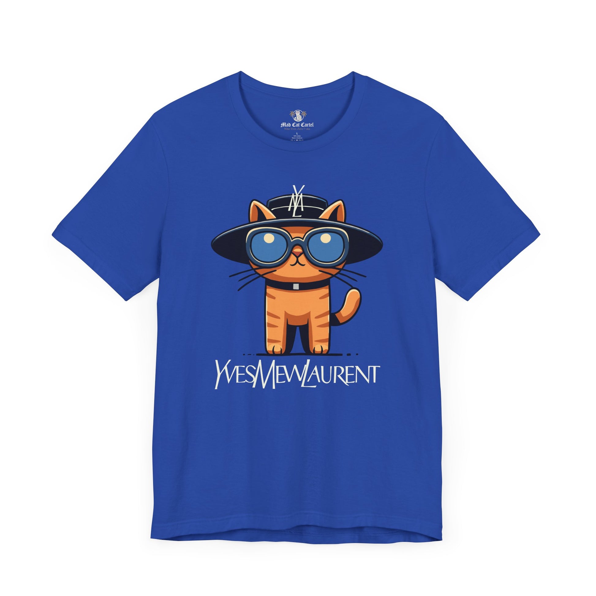 Team Royal blue Yves Mew Laurent Le Chat Icon Cat Graphic T Shirt flat lay front