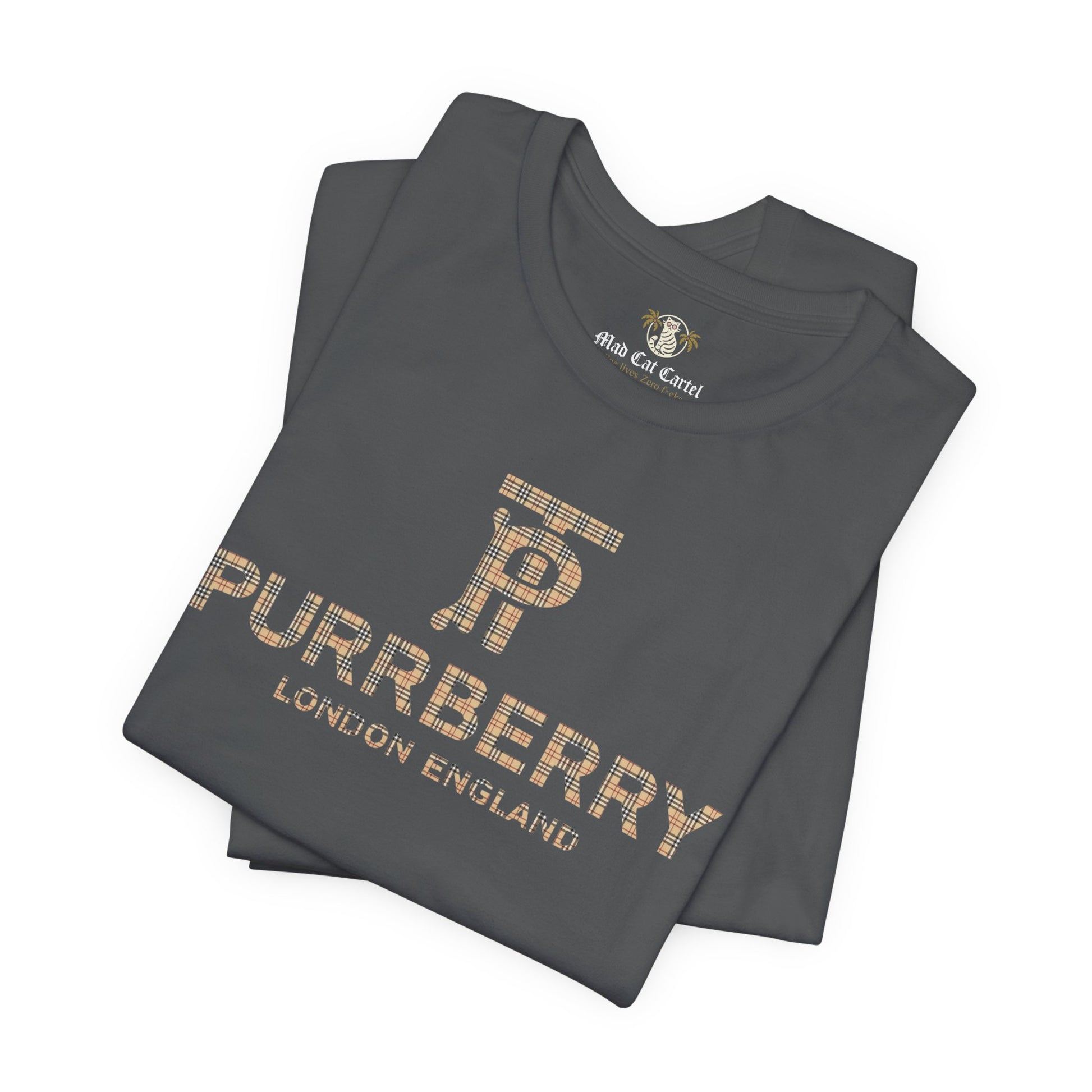 Folded Asphalt Purrberry London Coat Club Cat Graphic T-Shirt – cat print tee shirts