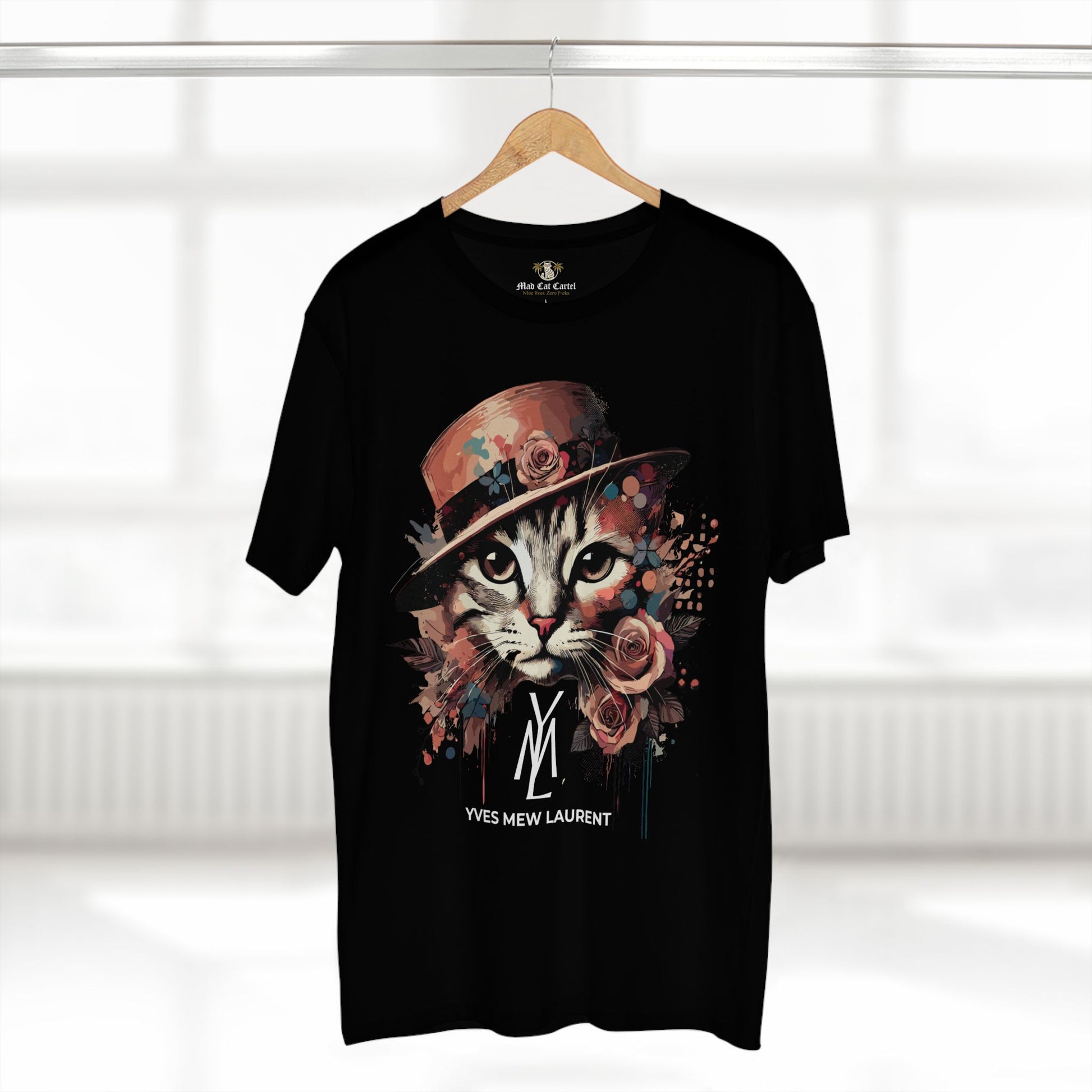 Black cat themed clothing on hanger front display