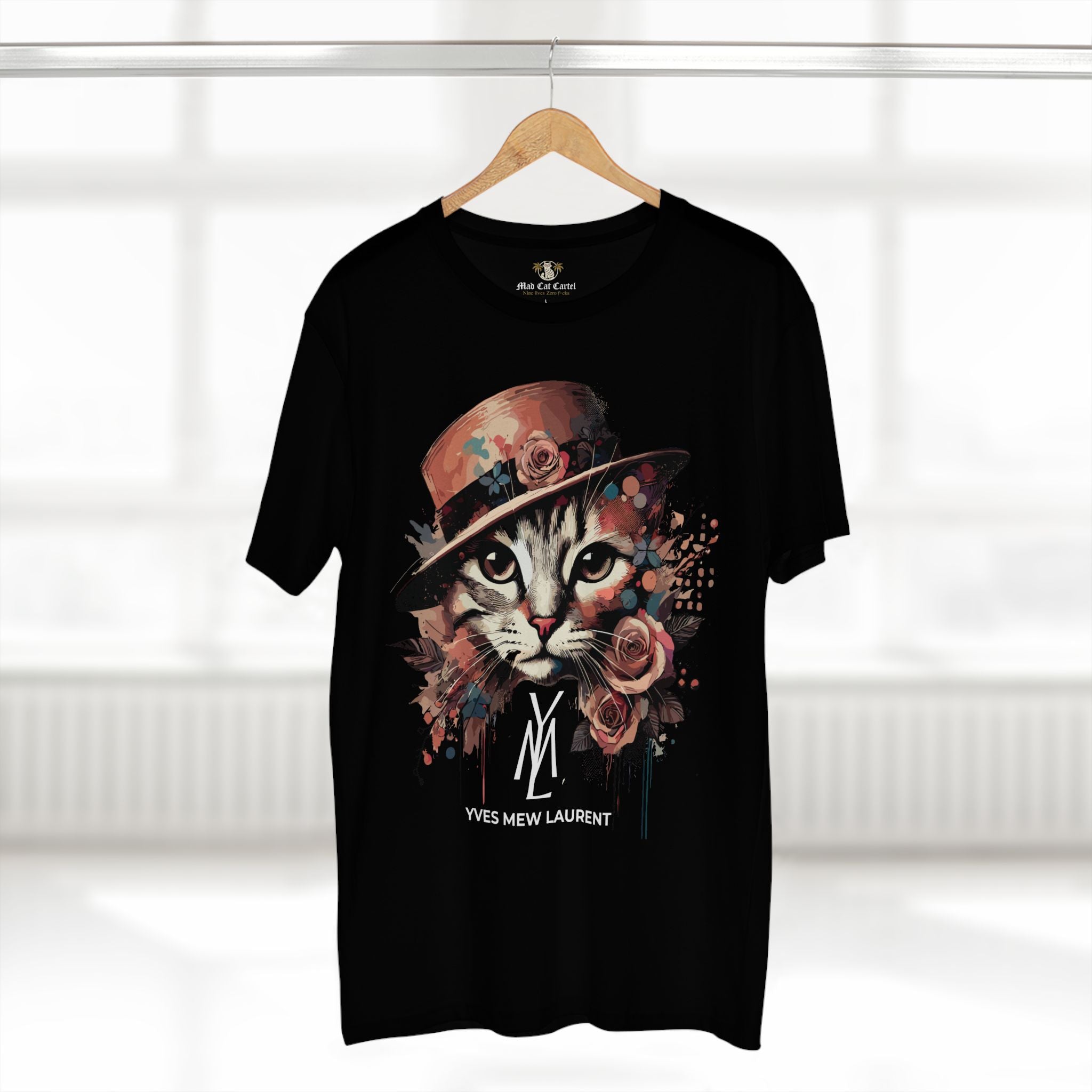 Black cat themed clothing on hanger front display