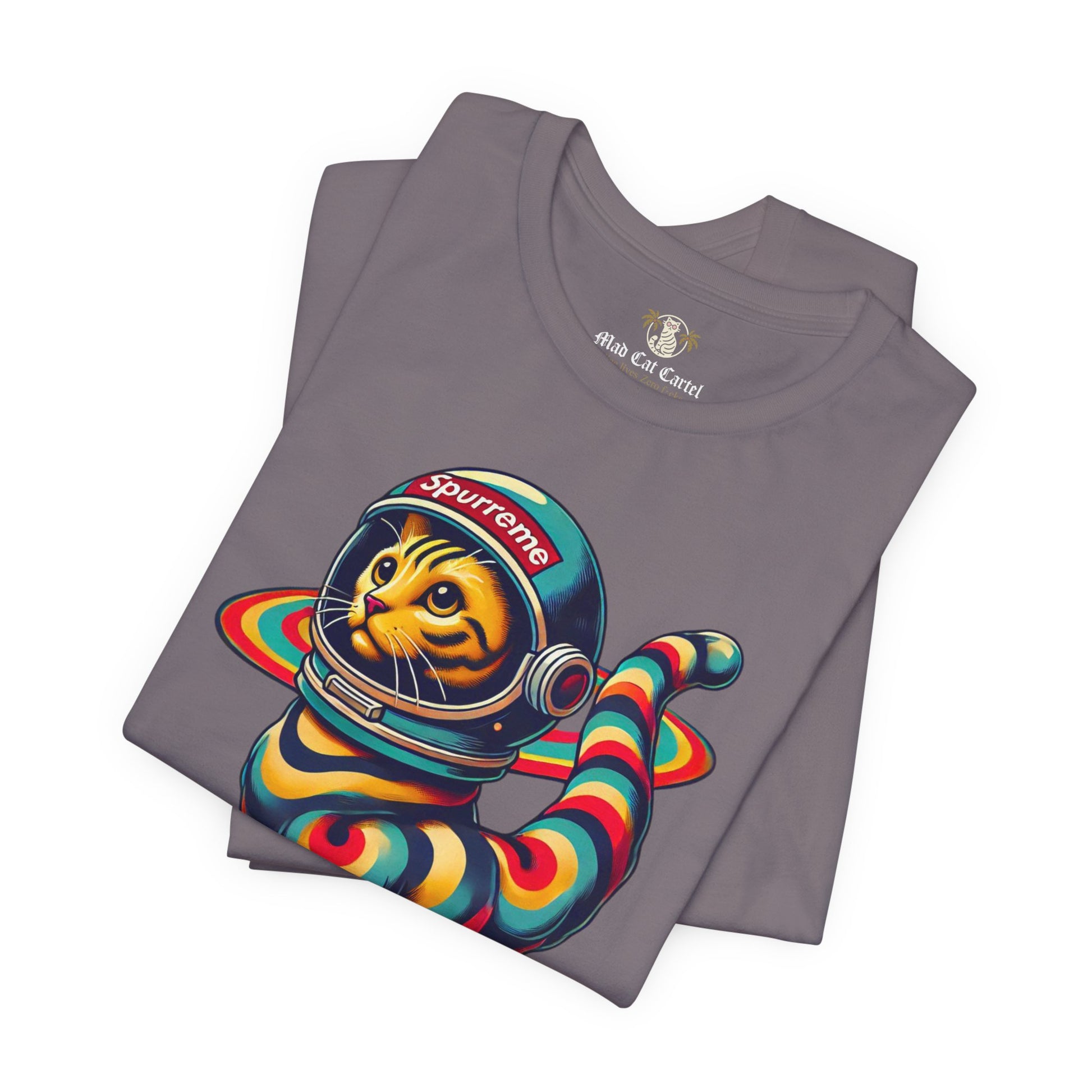 Storm gray t shirt folded flat lay, tee shirts with cats
