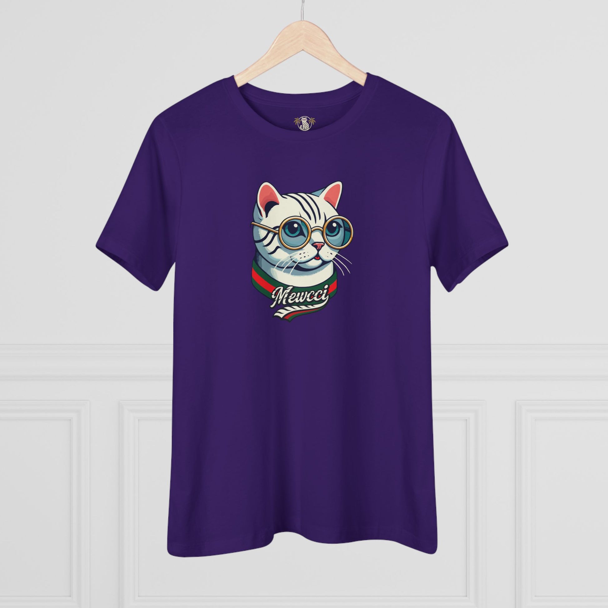 Purple women's tee with hanger cat themed shirts full view