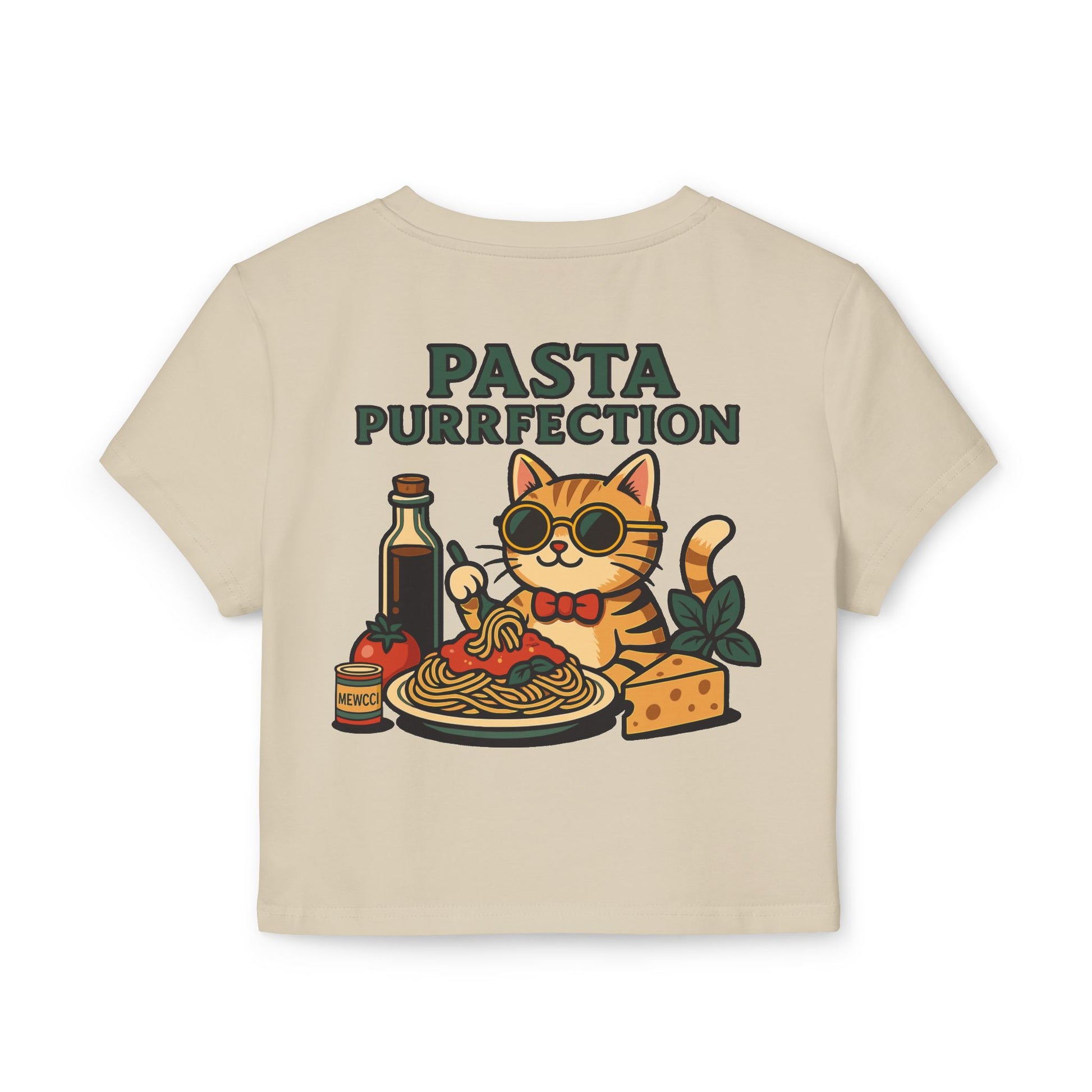 Sand beige baby tee back view pasta purrfection cat print