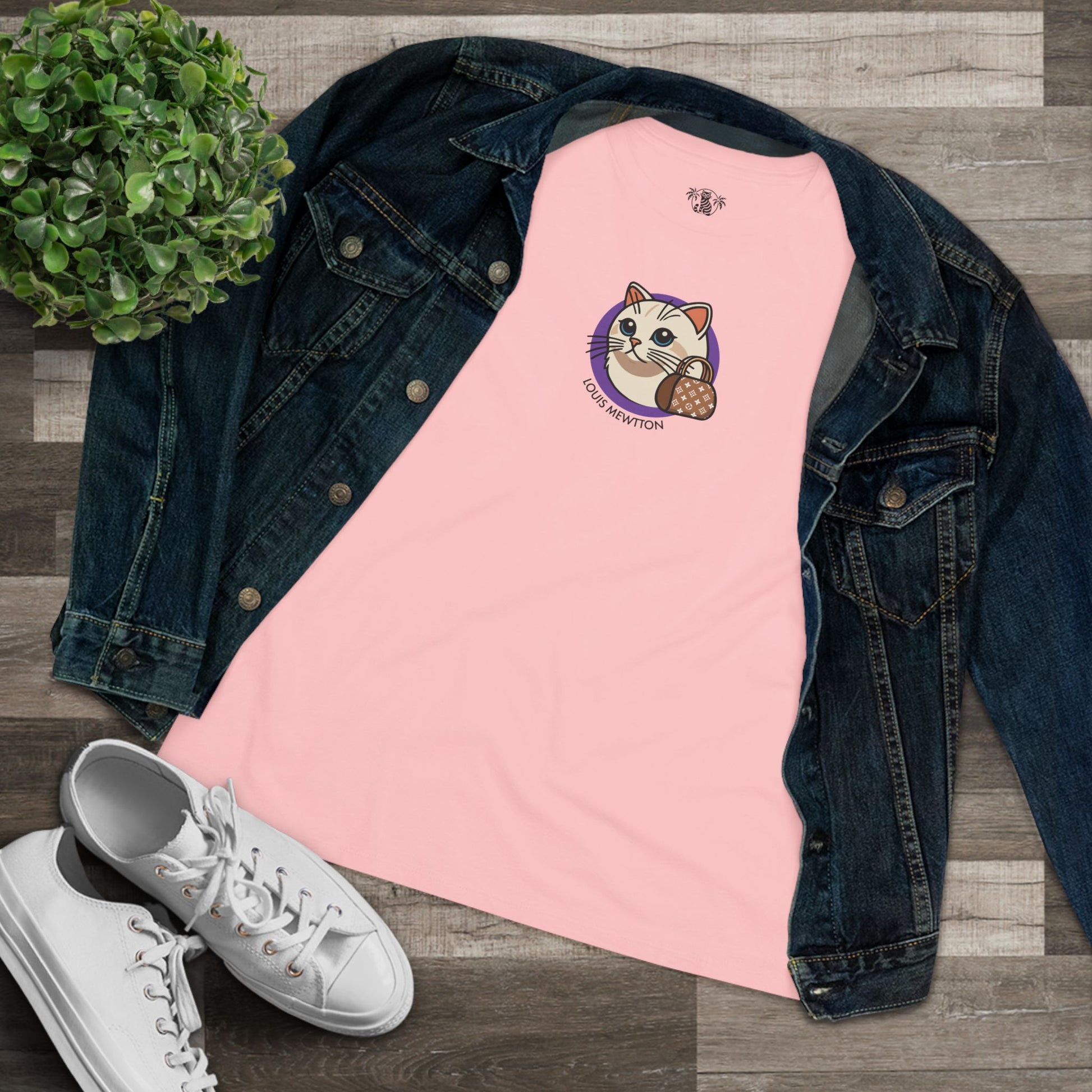Styled flat lay Louis Mewtton Mini Chest Cat Icon Women's Pink T Shirt with denim jacket cat themed apparel