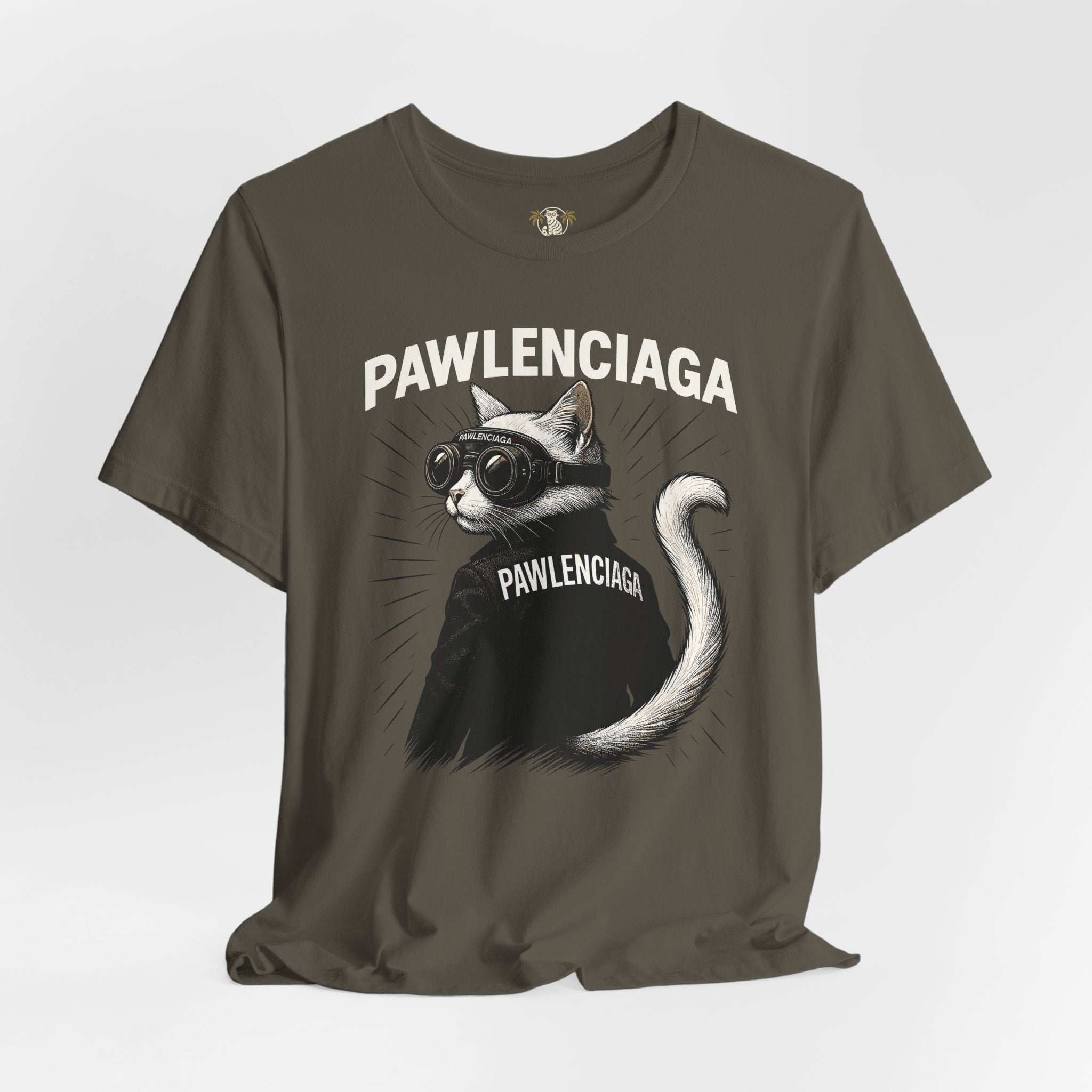 Pawlenciaga Cat Graphic T-Shirt, army green, cat lover t shirt, front view
