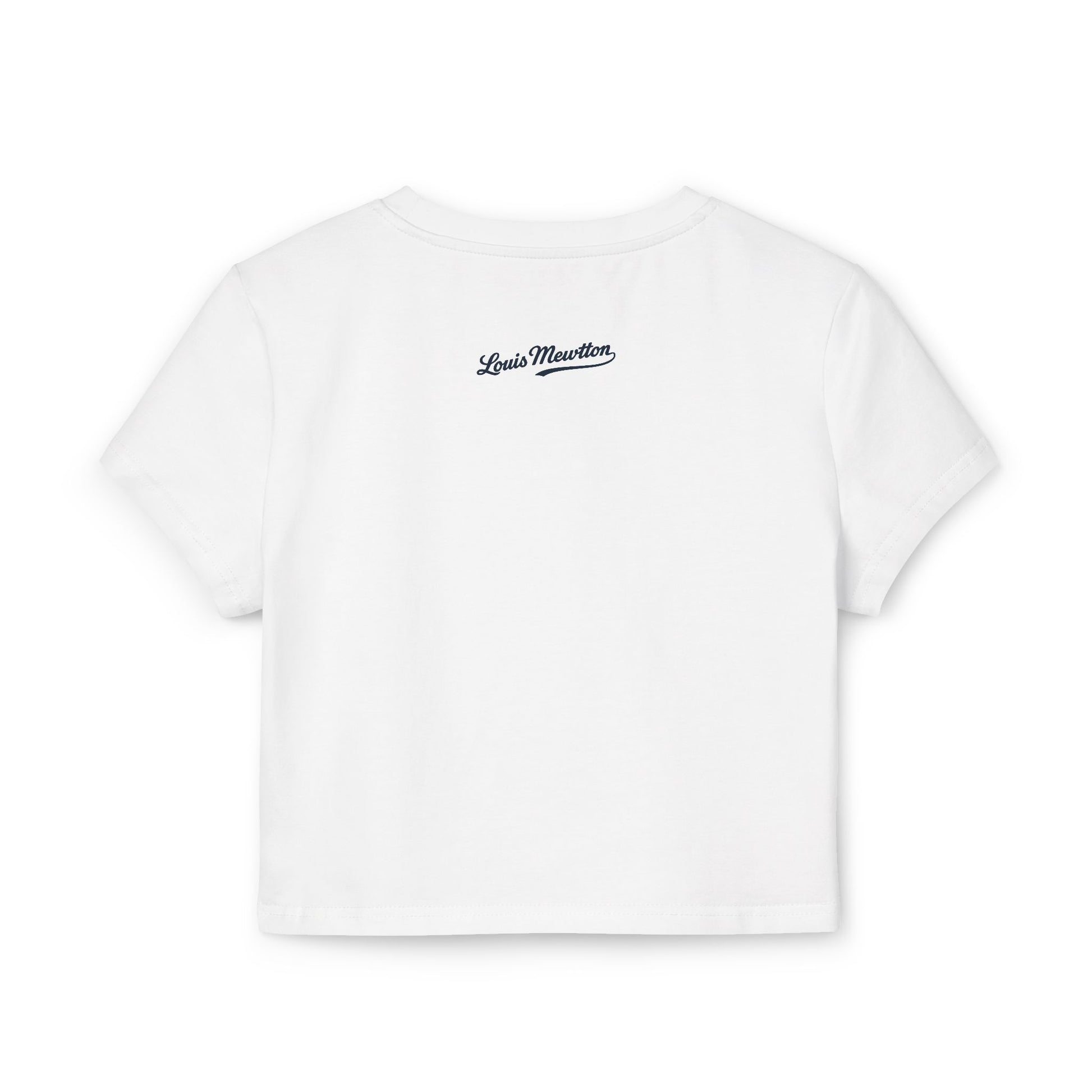 White womens baby tee flat back with Louis Mewtton script logo
