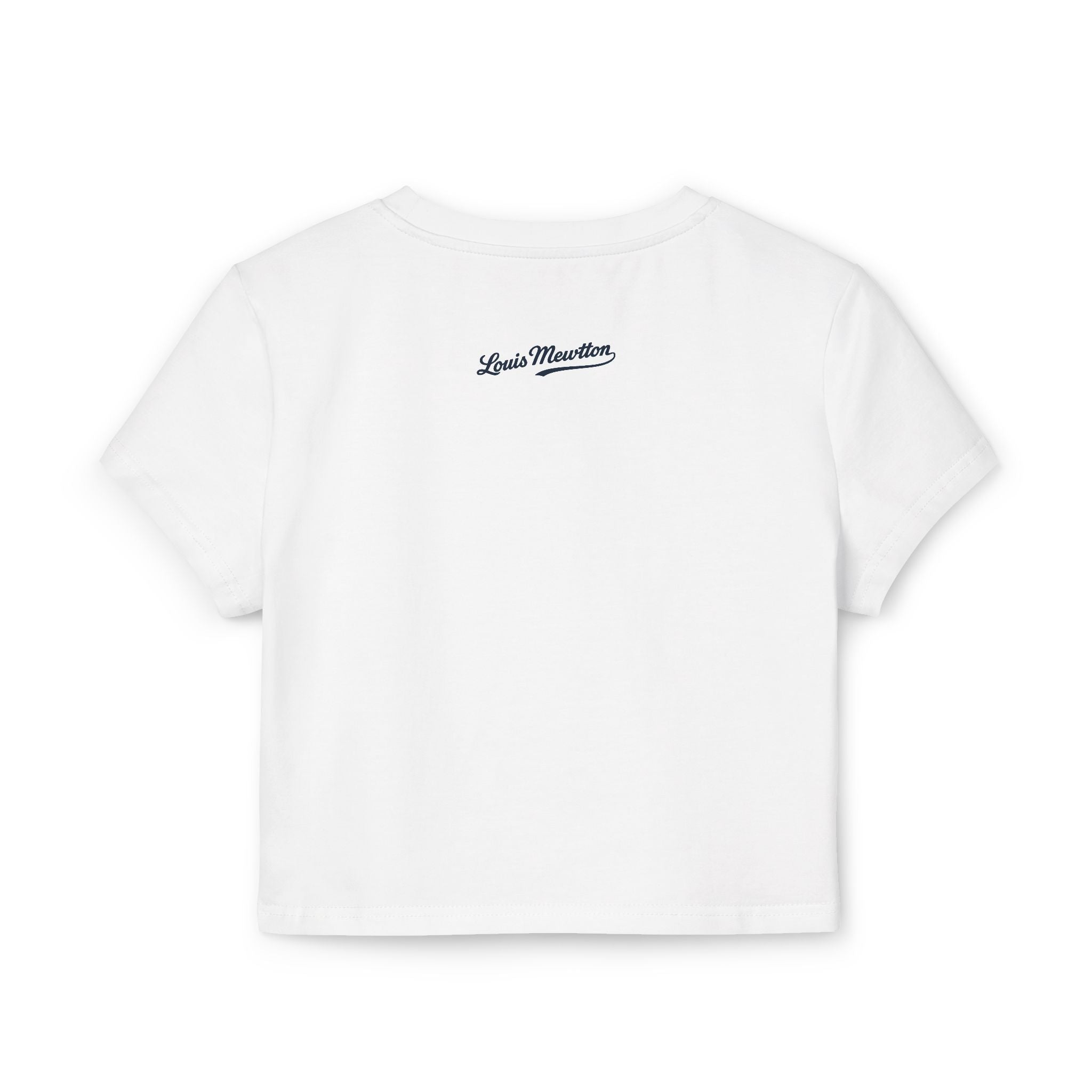 White womens baby tee flat back with Louis Mewtton script logo