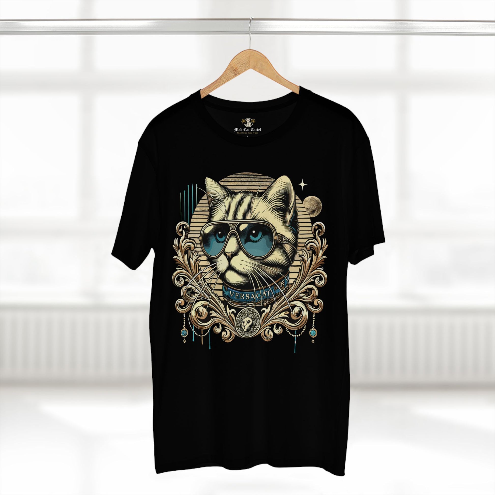 Versacat Royal Baroque Graphic Cat Black T Shirt on wooden hanger – detailed baroque cat design