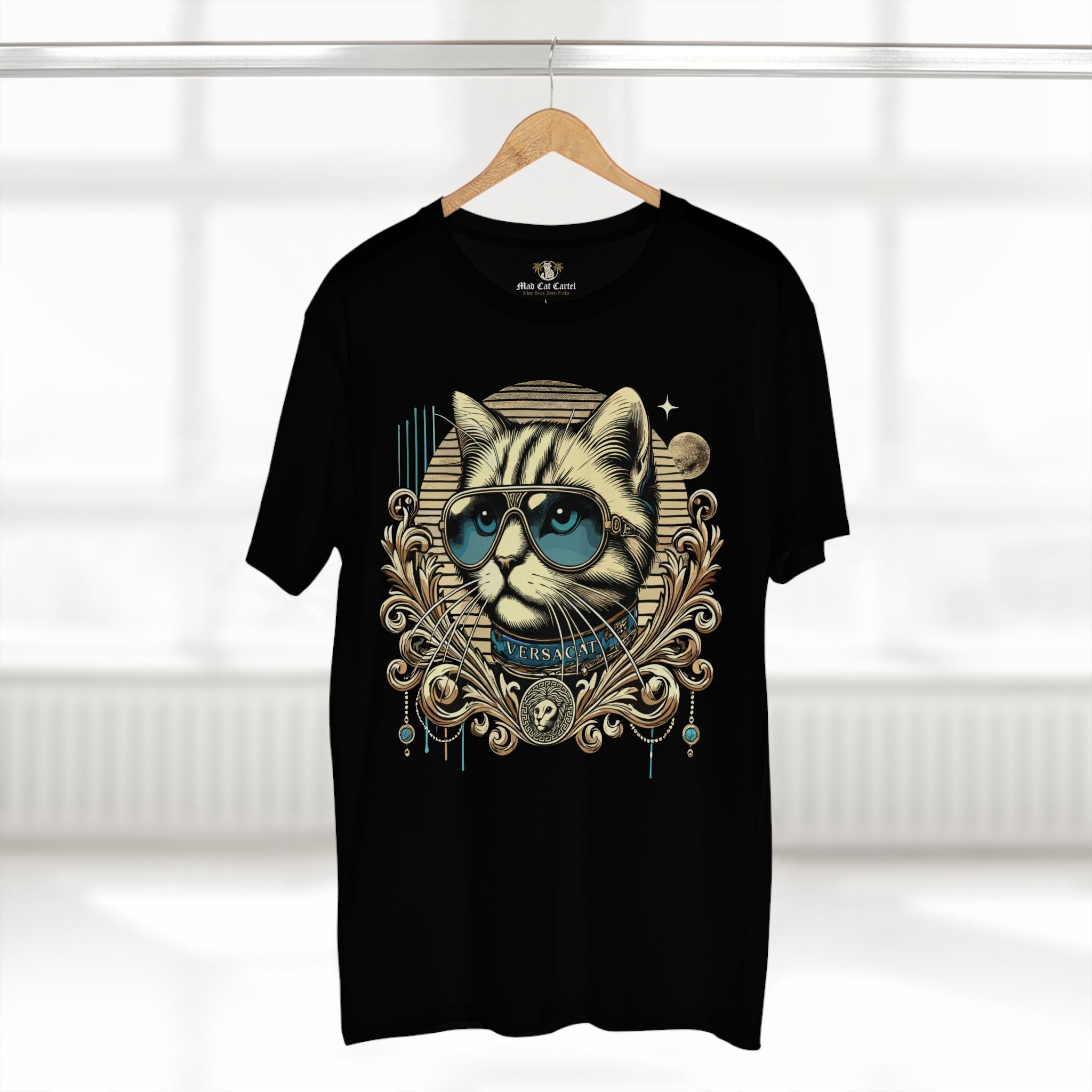 Versacat Royal Baroque Graphic Cat Black T Shirt on wooden hanger – detailed baroque cat design
