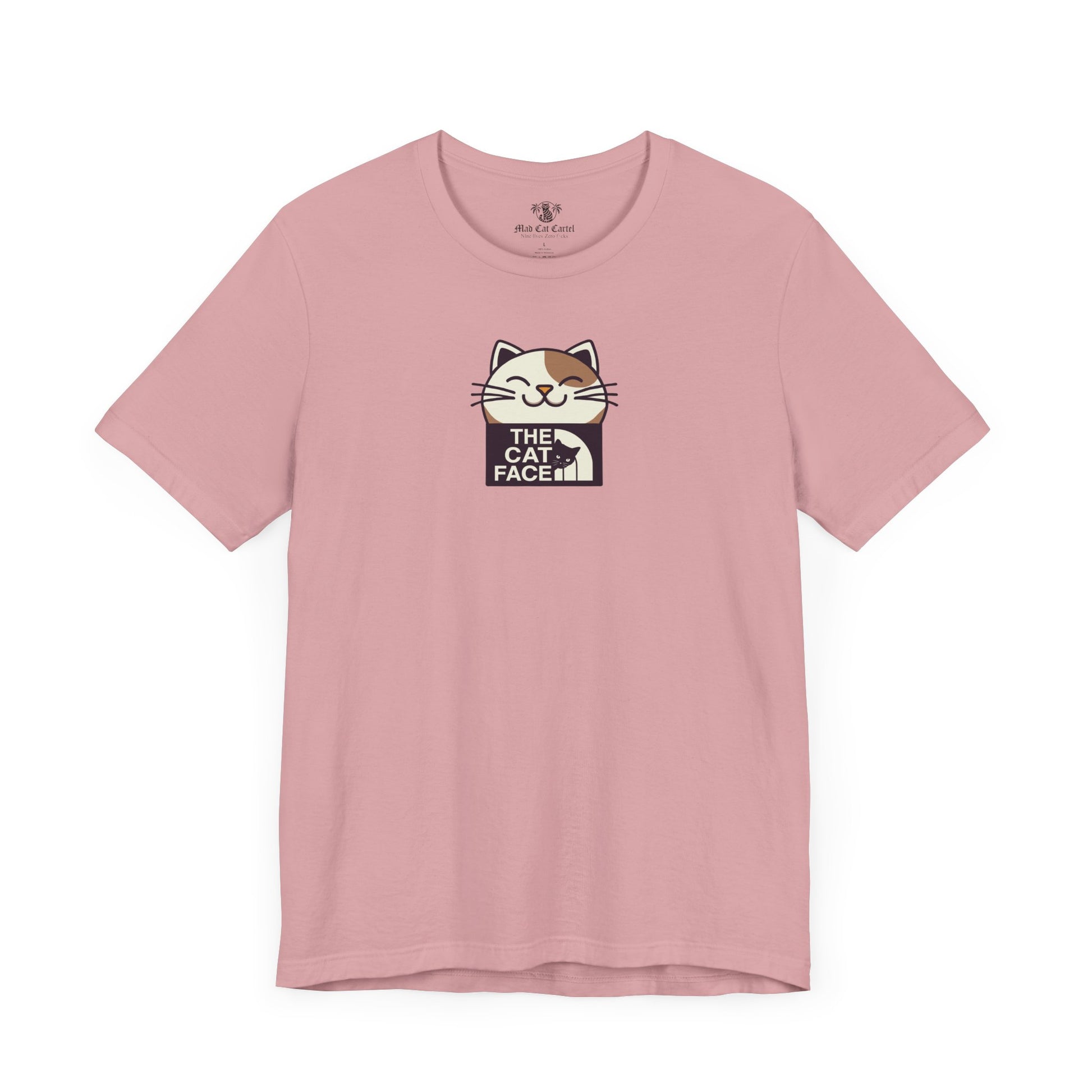 The Cat Face Graphic T-Shirt Orchid – unisex cat shirts funny flat lay front