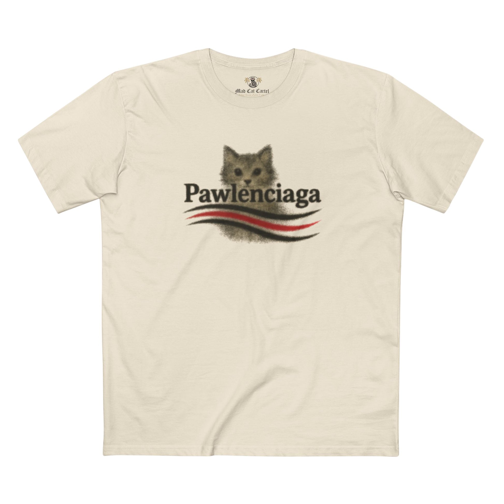 Pawlenciaga airbrush cat logo mens cat tee in natural cotton