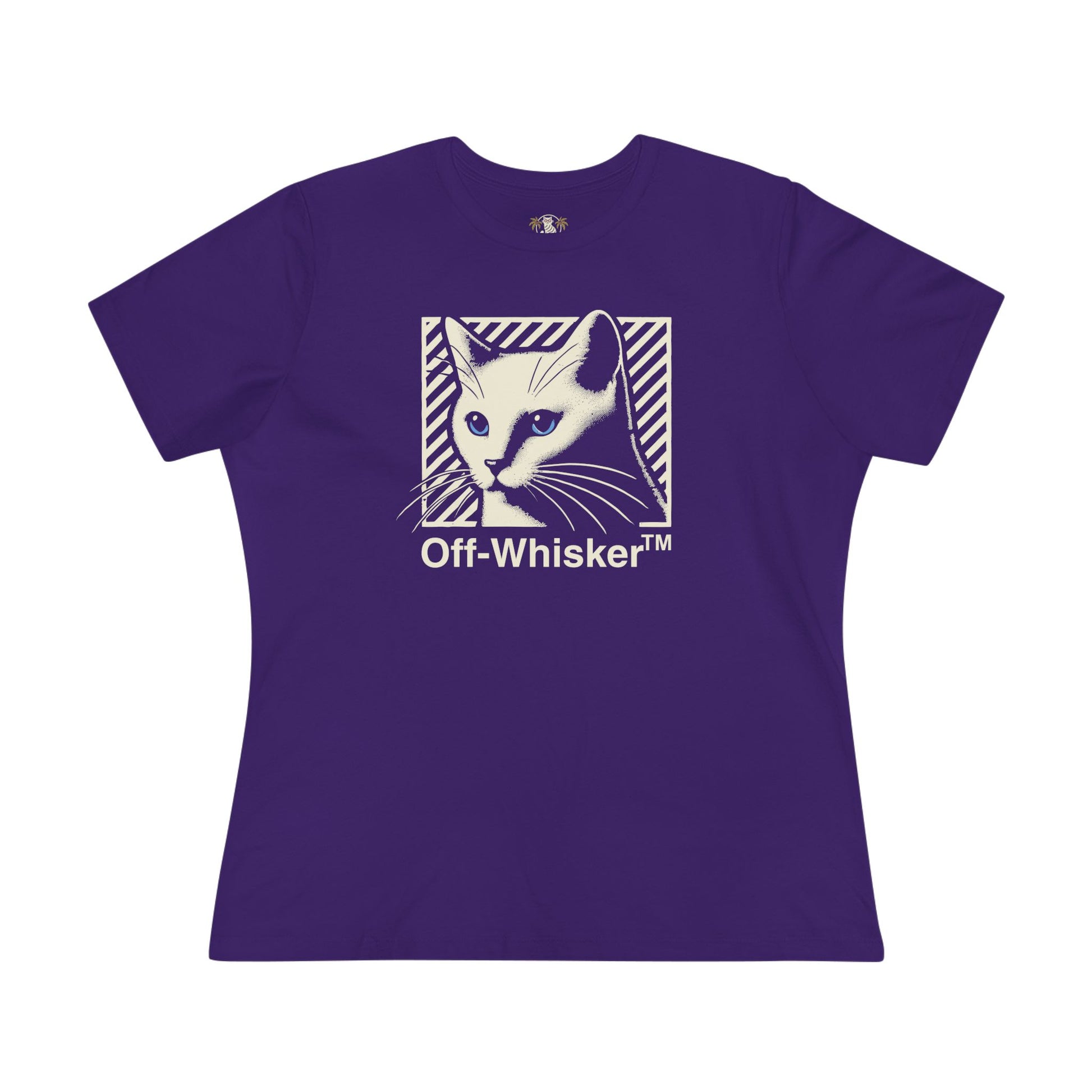 Off-Whisker Blue-Eyed Cat Graphic Women's T Shirt Team Purple, funny cat t shirt front view