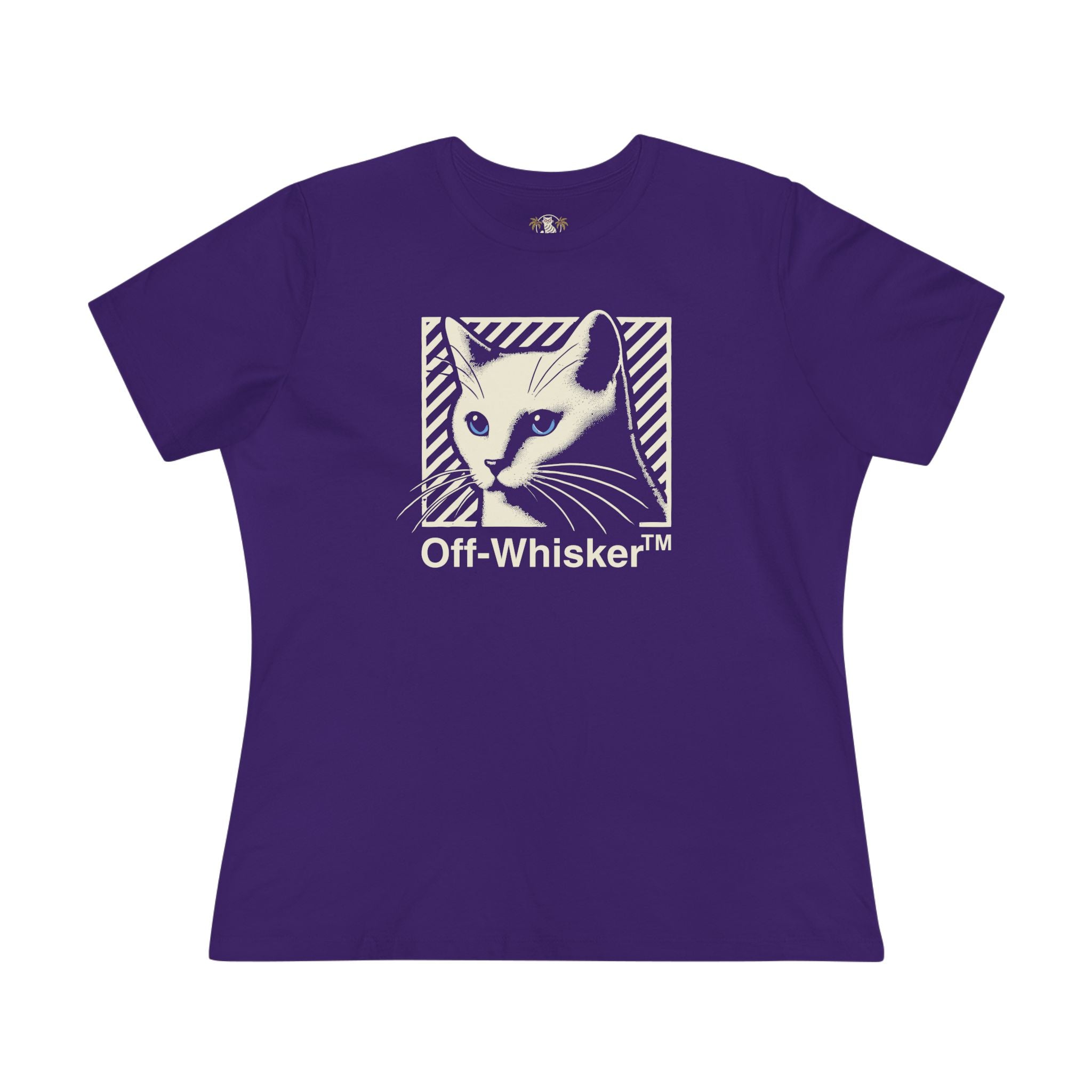 Off-Whisker Blue-Eyed Cat Graphic Women's T Shirt Team Purple, funny cat t shirt front view