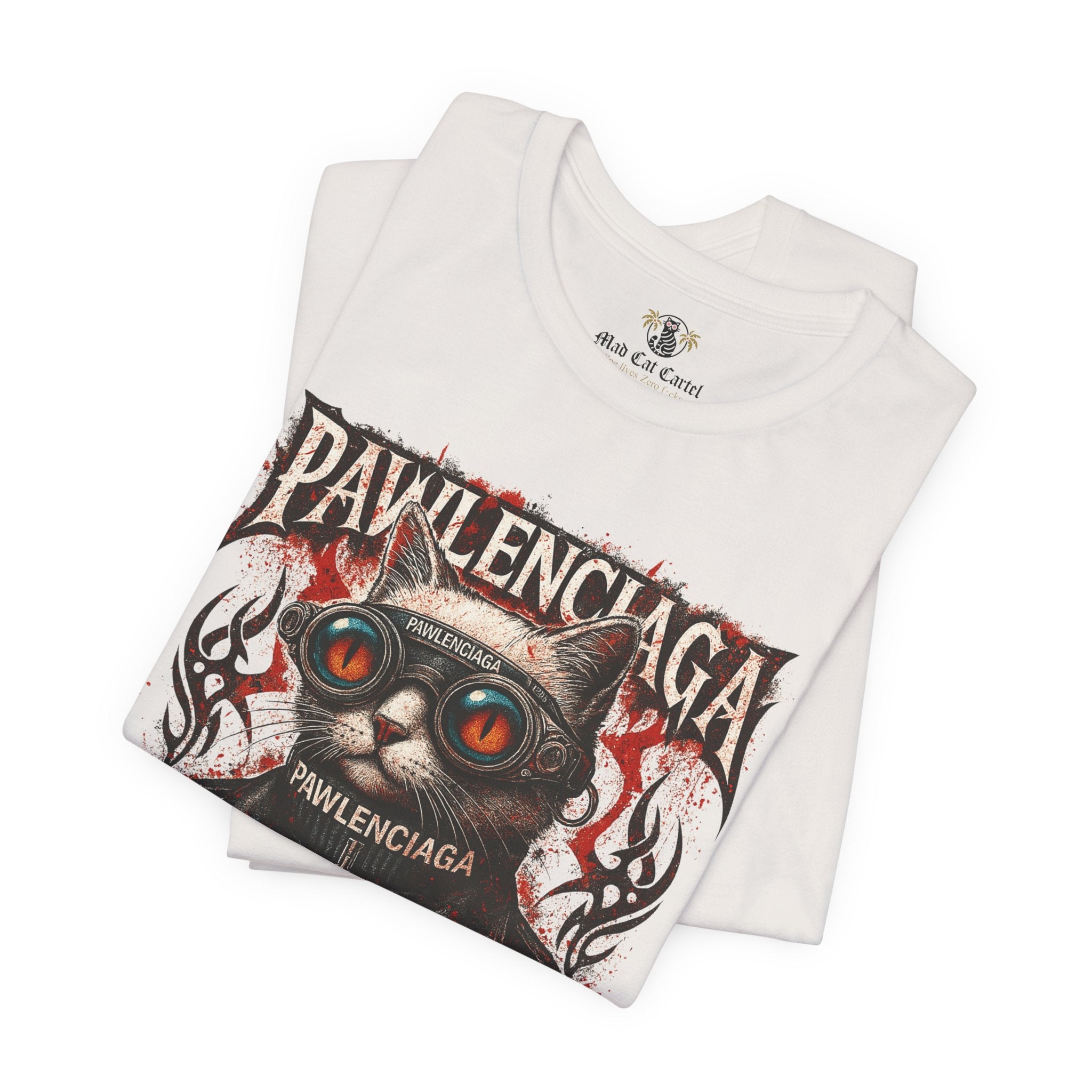 Pawlenciaga Apocalypse Cat Graphic T Shirt in Vintage White, folded front view, cat themed shirts, cool mens t shirts, shirts for cat lovers