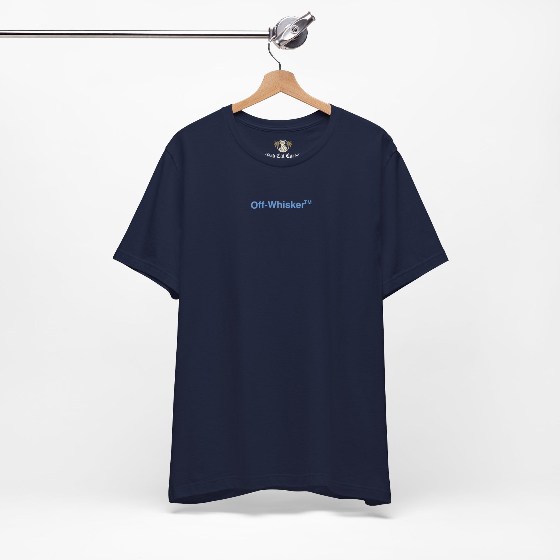 Navy Signature Frame cat t-shirt on wooden hanger – everyday tee