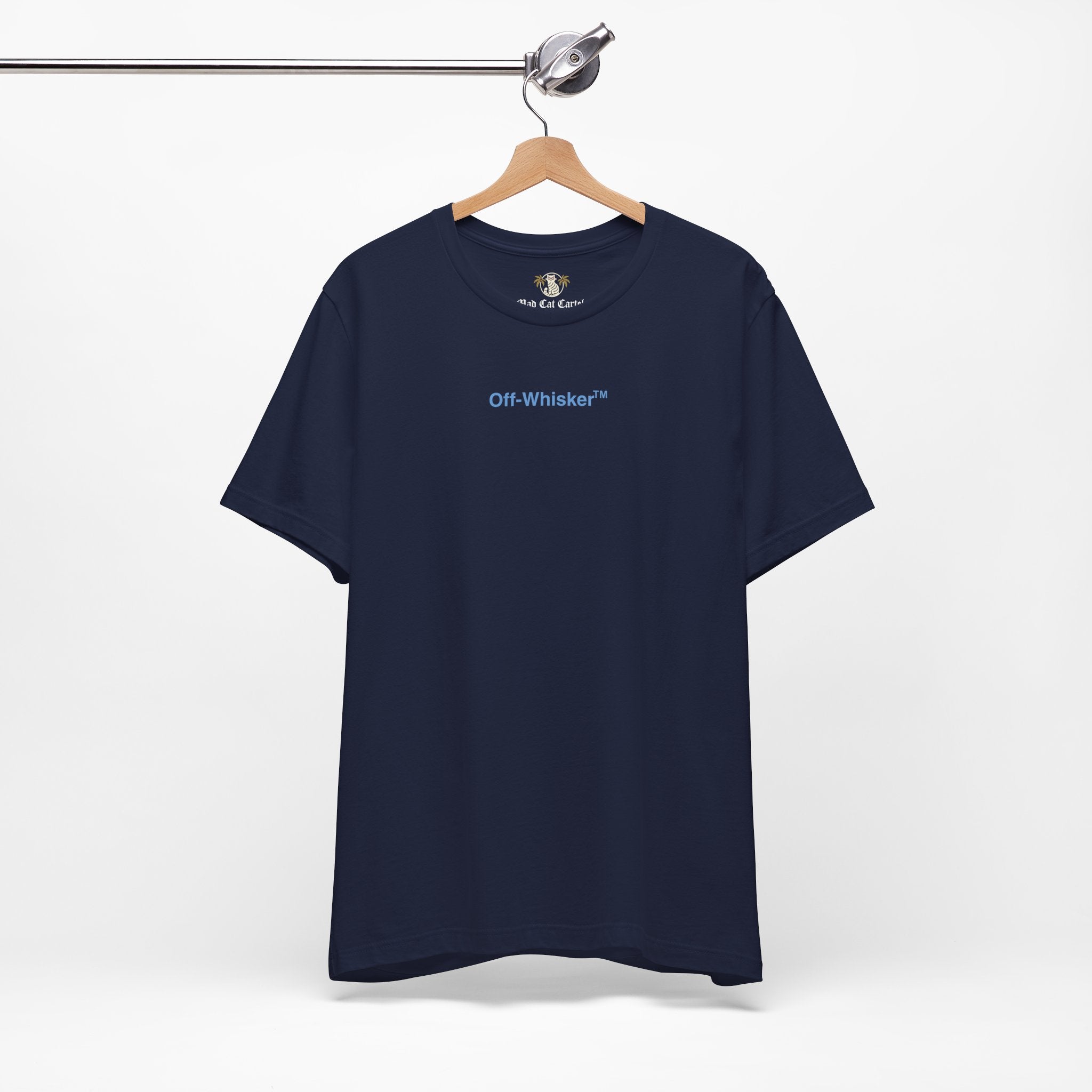 Navy Signature Frame cat t-shirt on wooden hanger – everyday tee