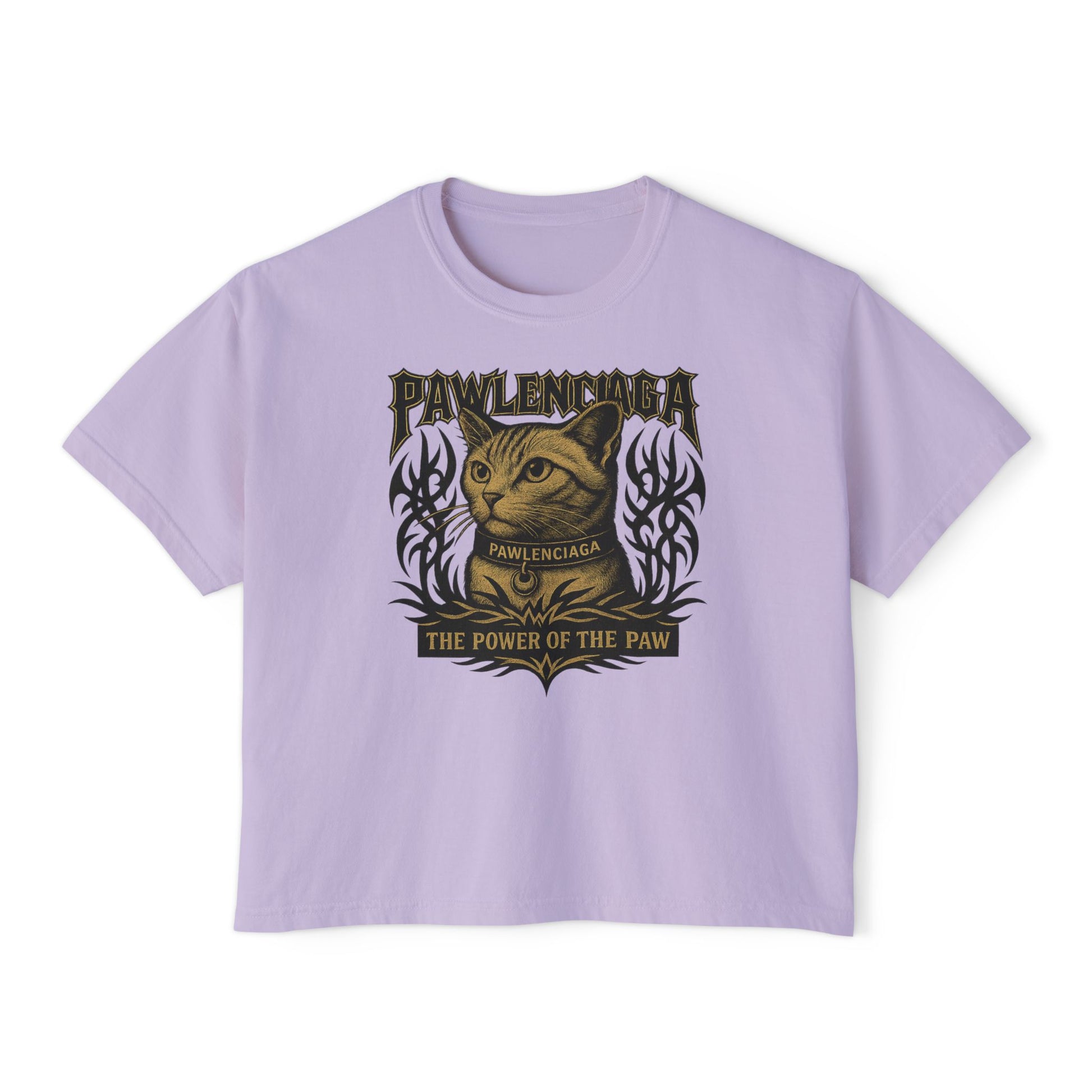 Pawlenciaga The Power of Paw Women's Boxy T-Shirt, orchid pink front view, womens boxy tee for cat lovers