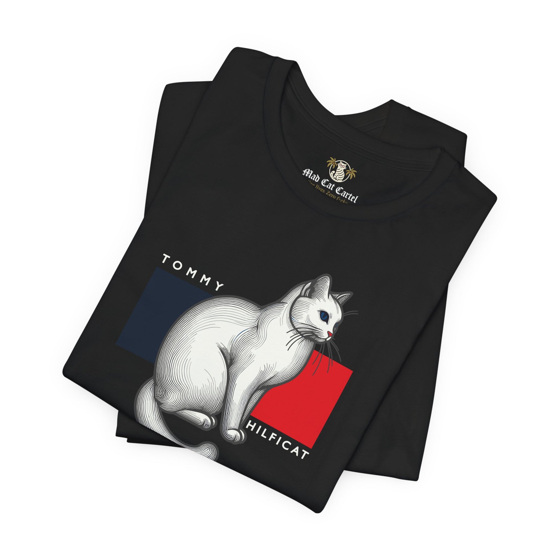 Black tee shirts with cats folded pair flat lay