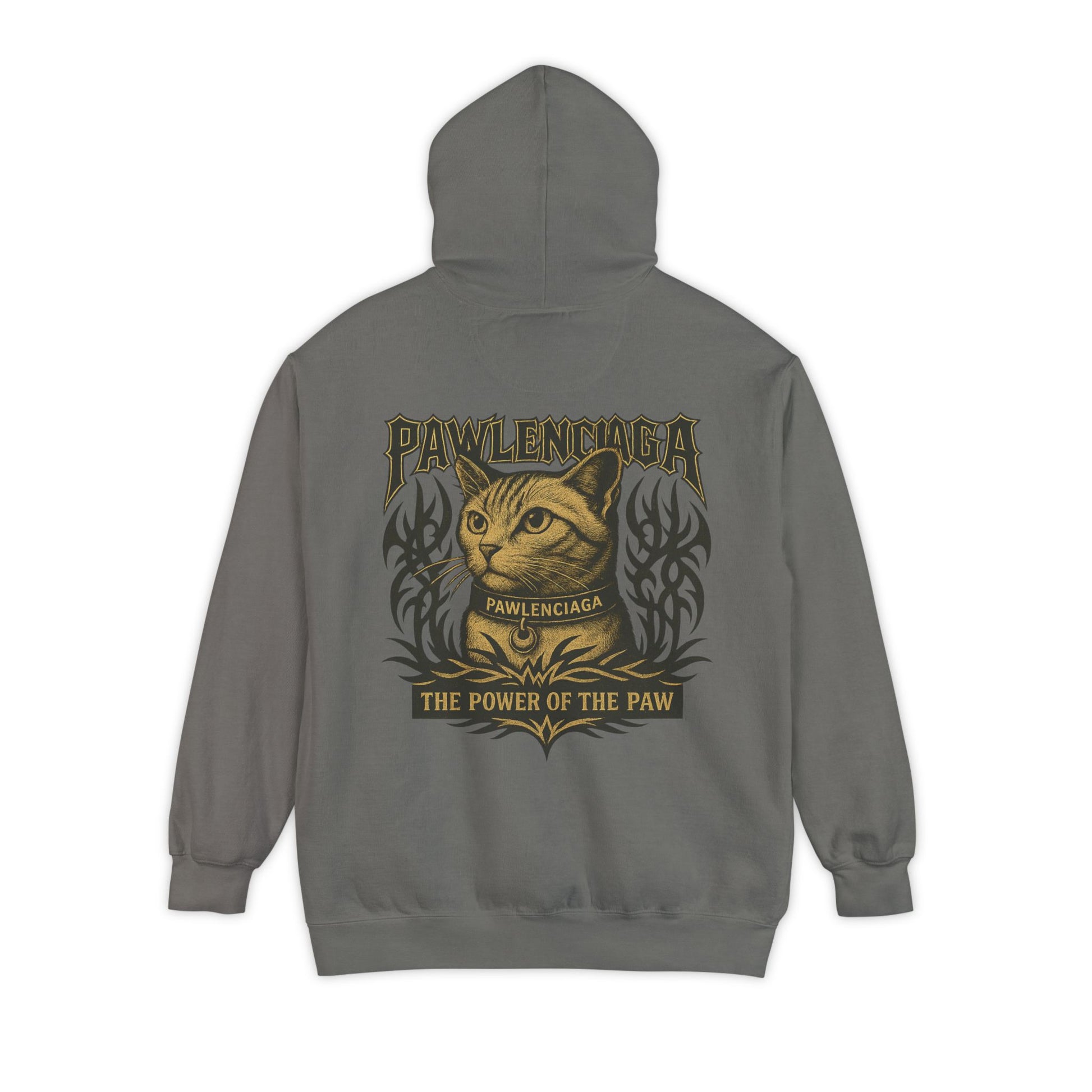 Back view of Pawlenciaga The Power of Paw Grey Cat Hoodie, cat print clothing