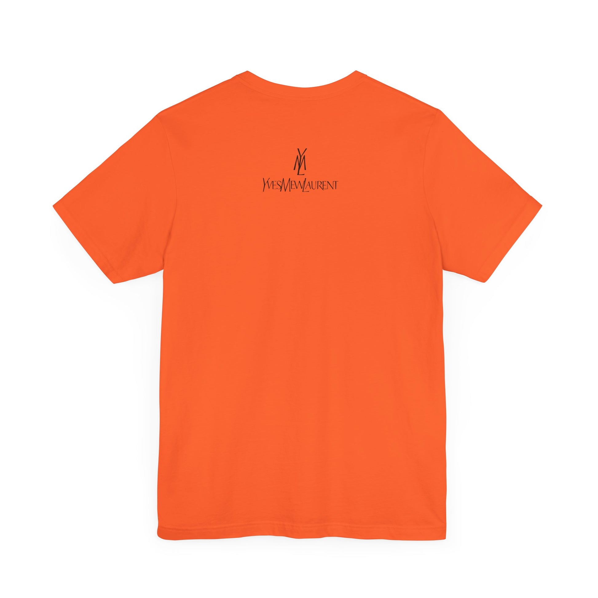 back view of Yves Mew Laurent Chill Cats T Shirt in orange, casual cotton tee for cat lovers