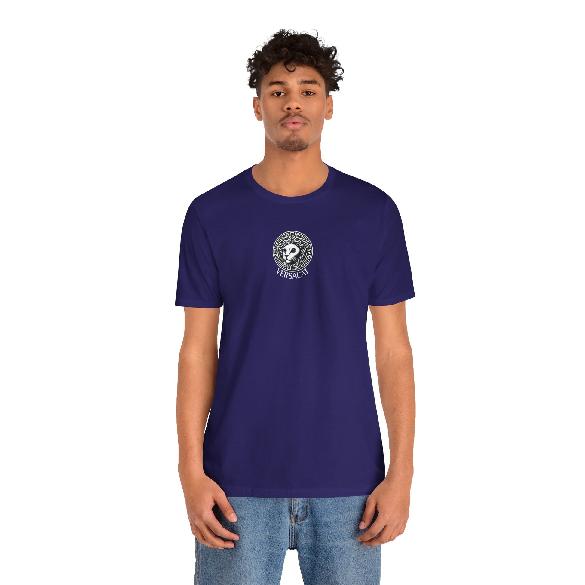 Man wearing team navy Versacat Imperial Emblem cat lover t shirt – cool cat shirt for casual style