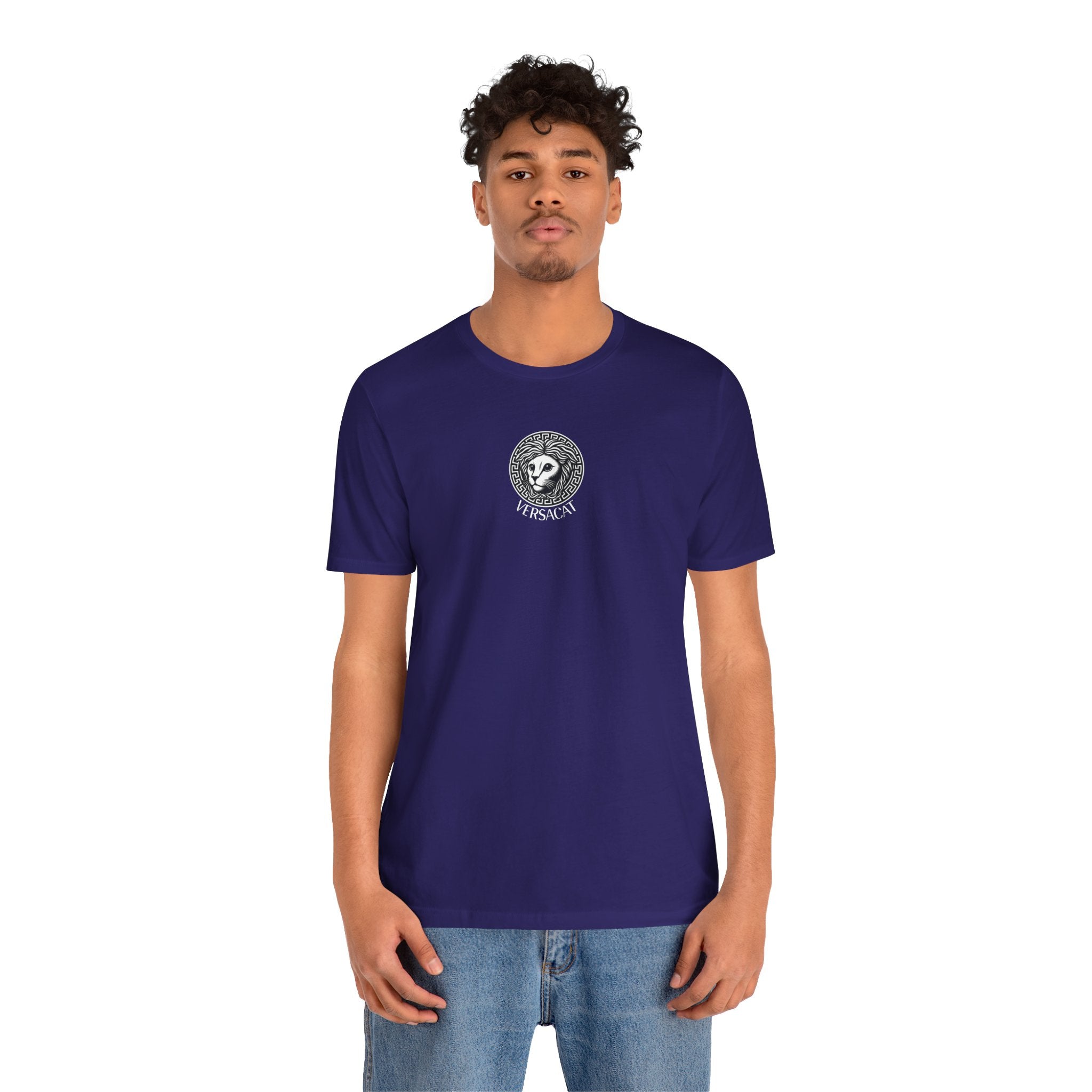 Man wearing team navy Versacat Imperial Emblem cat lover t shirt – cool cat shirt for casual style