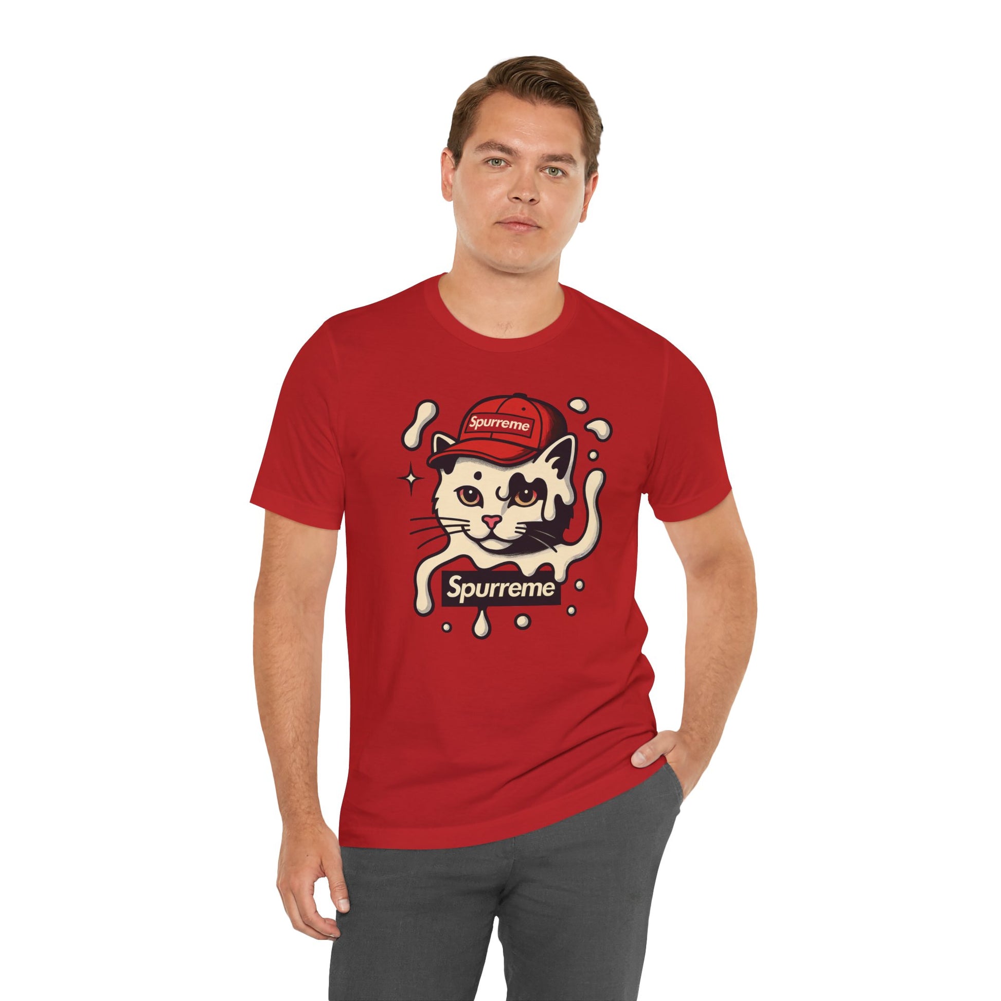Red model wearing Spurreme cat print tee shirt – cat themed clothing