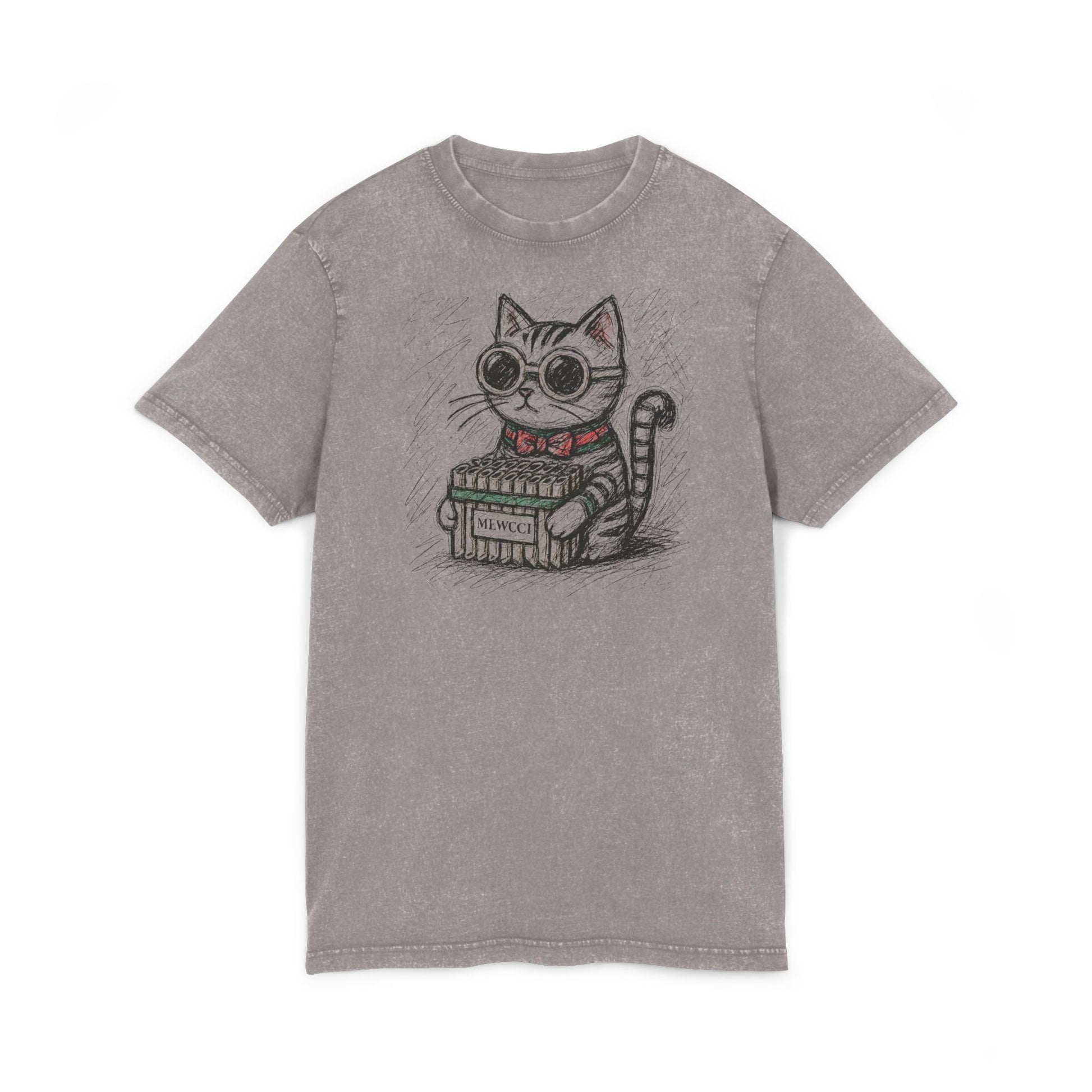 Mewcci Cat Graphic Acid Washed Tee, funny adult shirts gray asphalt front view
