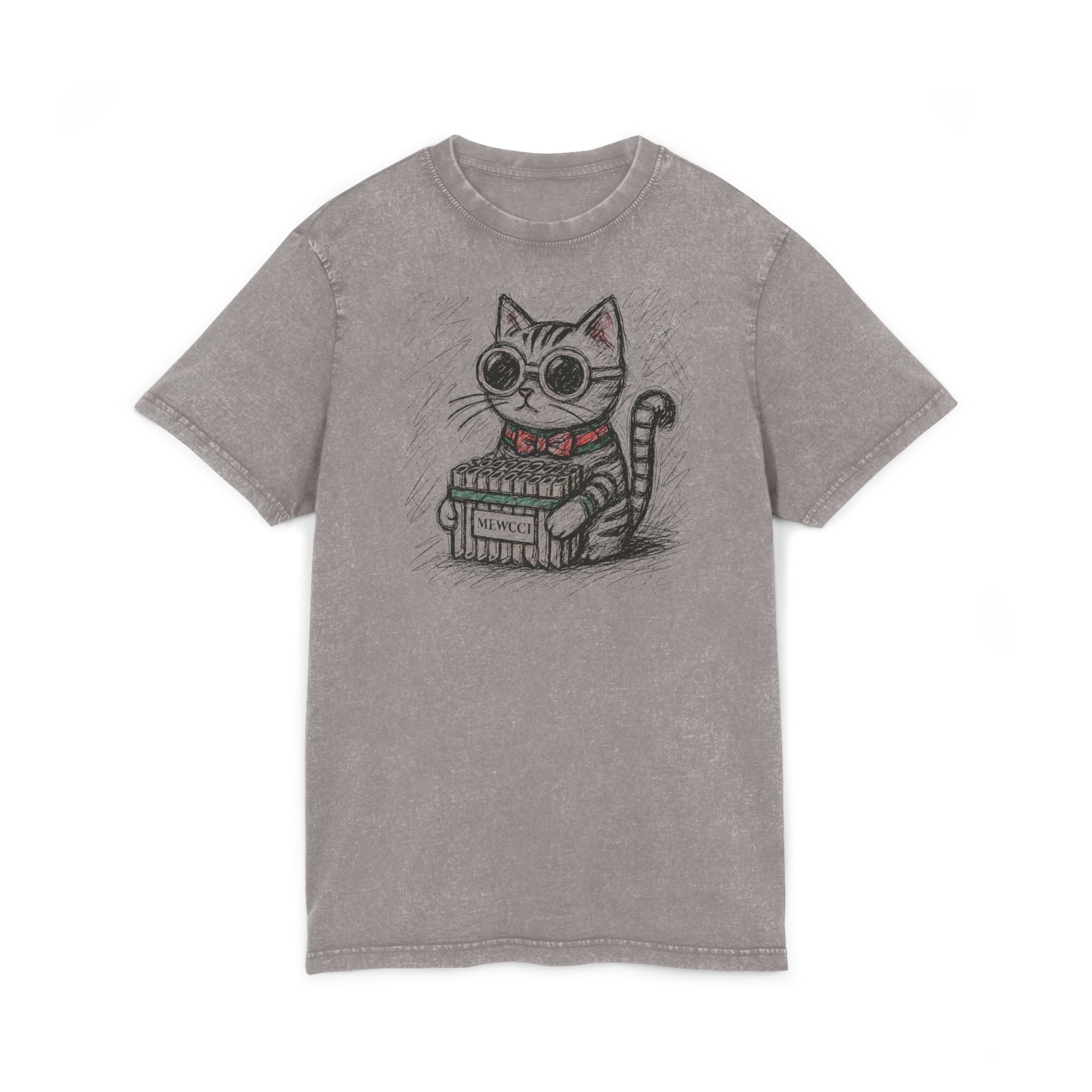 Mewcci Cat Graphic Acid Washed Tee, funny adult shirts gray asphalt front view