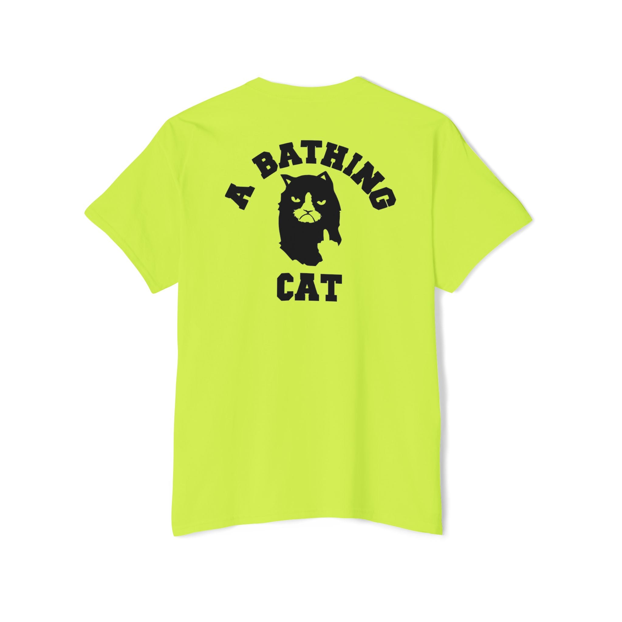 Safety Green A Bathing Cat Mini Logo Pocket Graphic T-Shirt male model front view cat pocket tee shirt