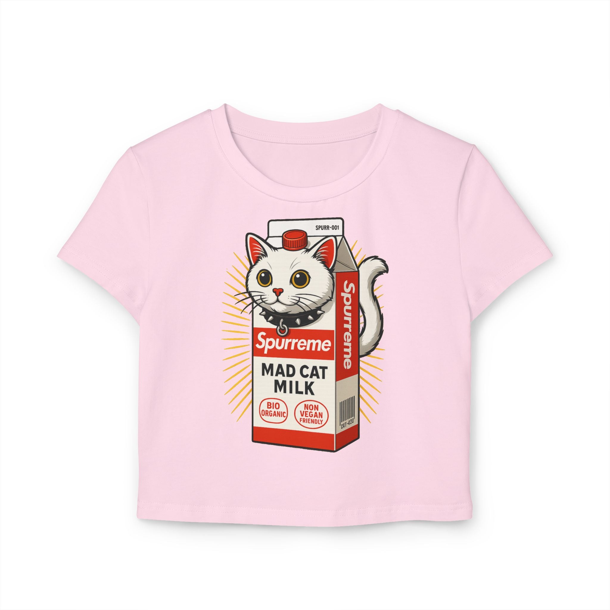 light pink Spurreme milk graphic crop top, funny baby tee