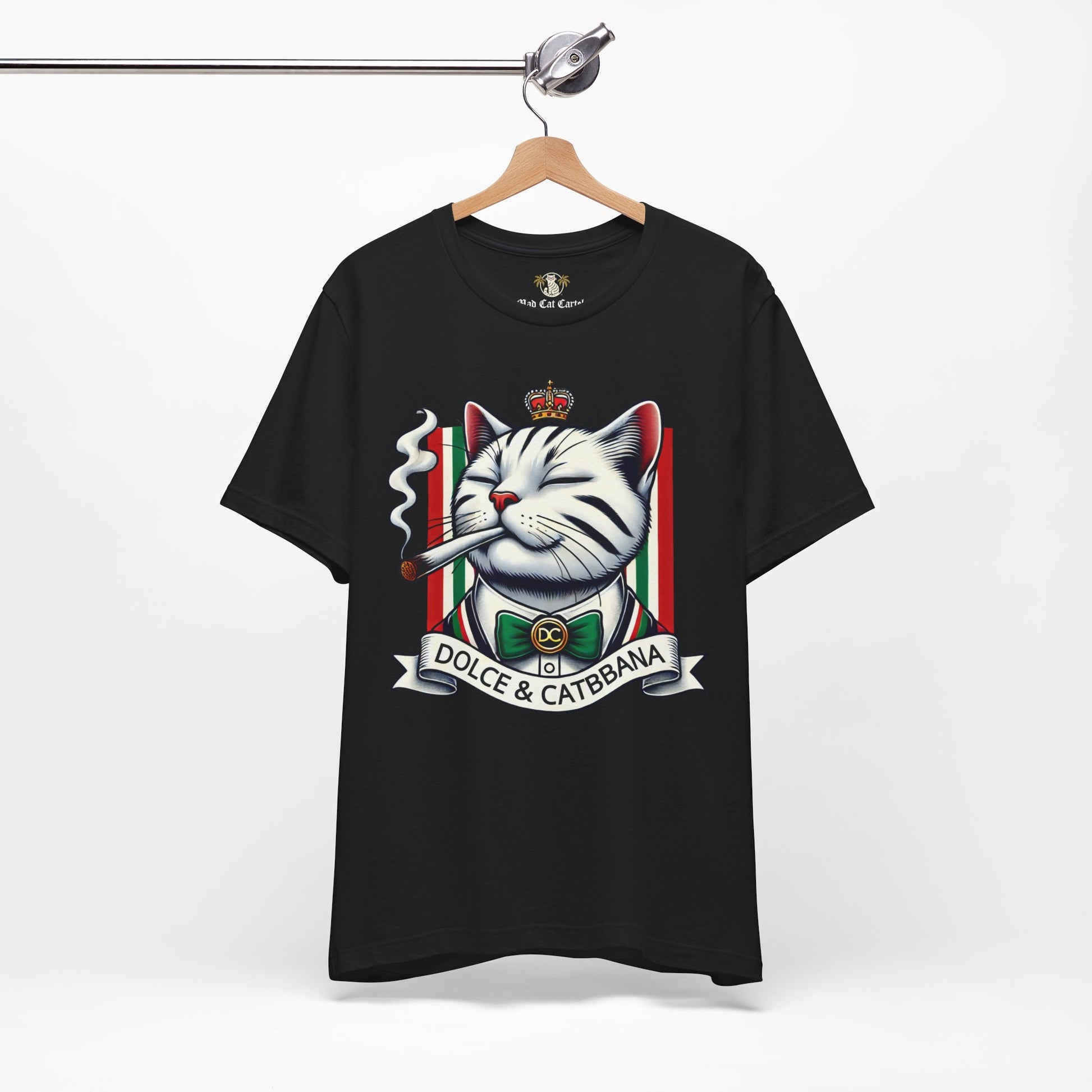 Dolce & Catbbana Don Royal black t shirt on hanger, front angle, funny parody tee for cat lovers