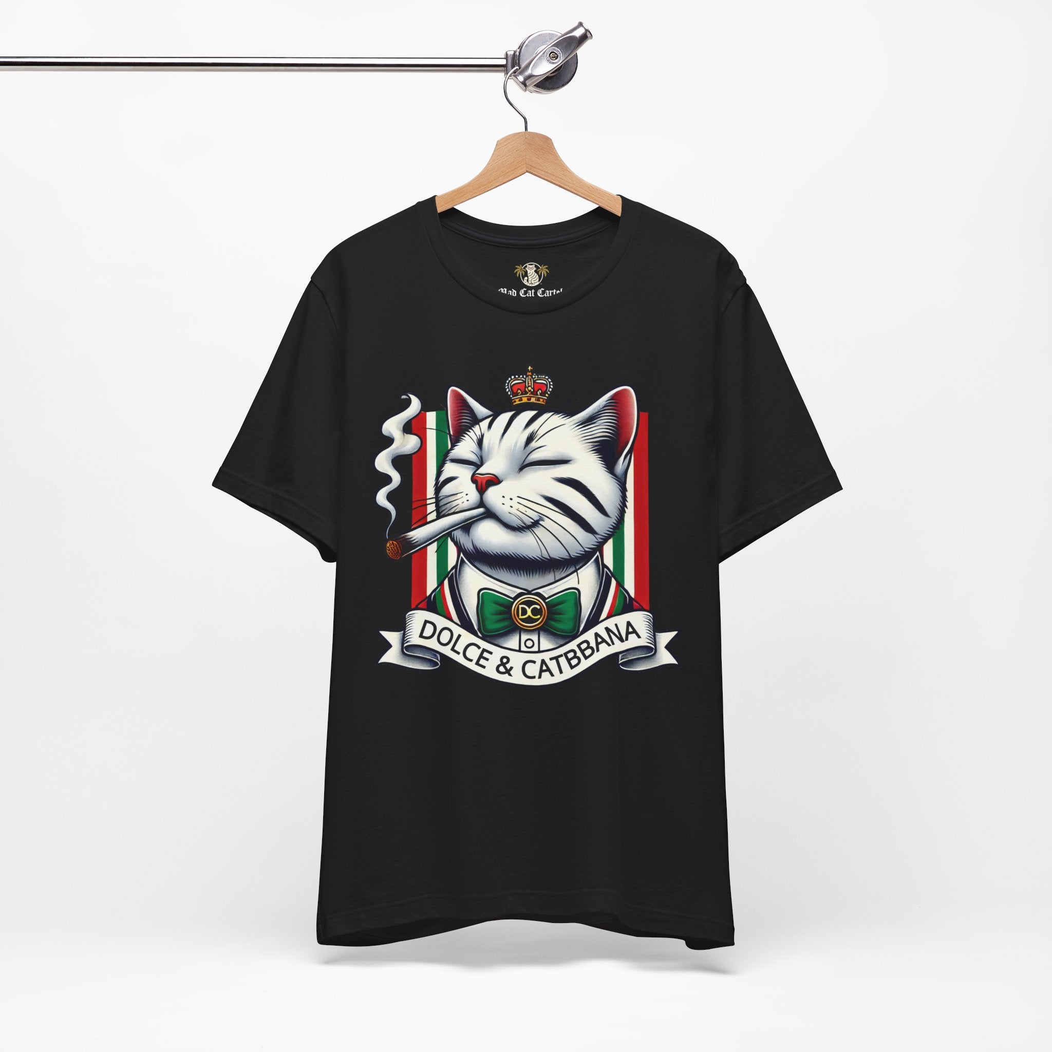 Dolce & Catbbana Don Royal black t shirt on hanger, front angle, funny parody tee for cat lovers