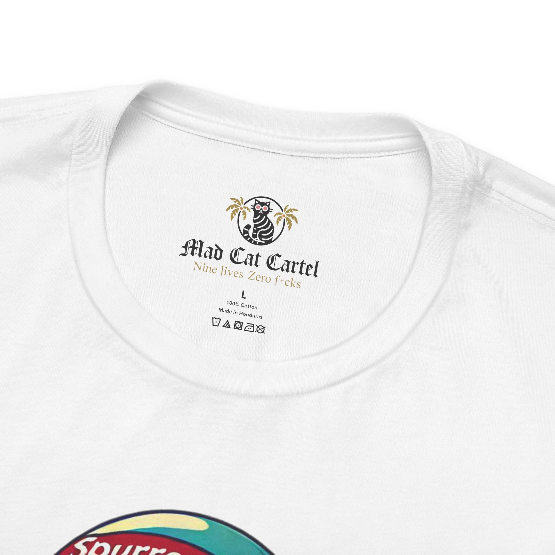 White t shirt neck label detail cat themed shirt