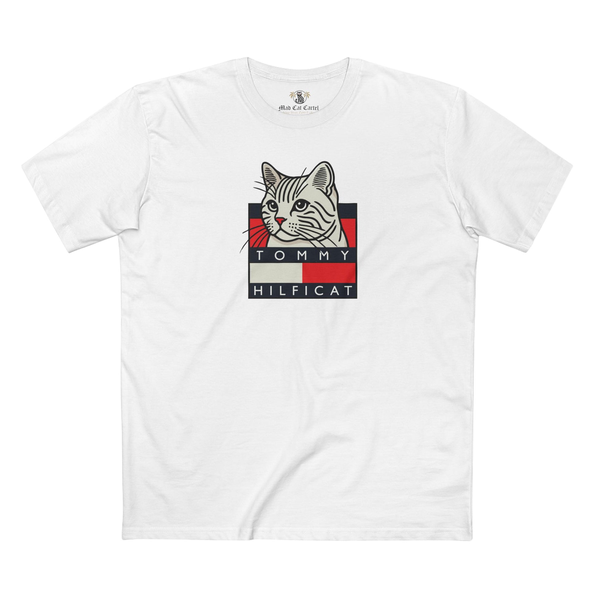 Tommy Hilficat Box Logo Cat Identity T Shirt in White, things to get cat lovers